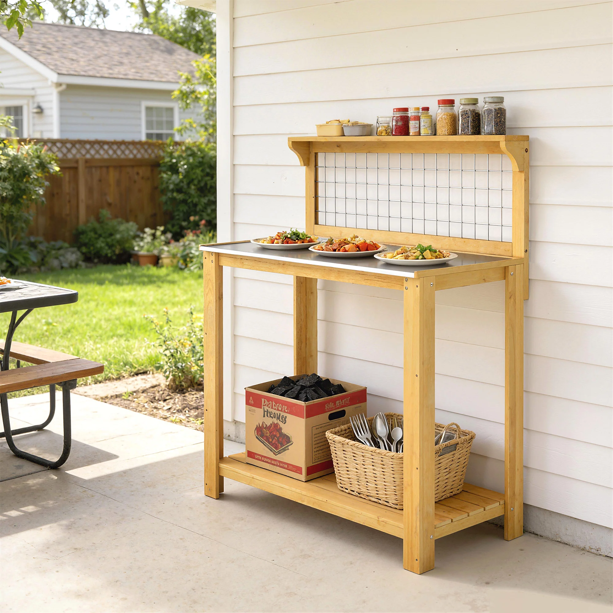 Outsunny Wooden Potting Bench Table with Aluminium Worktop - Image 9