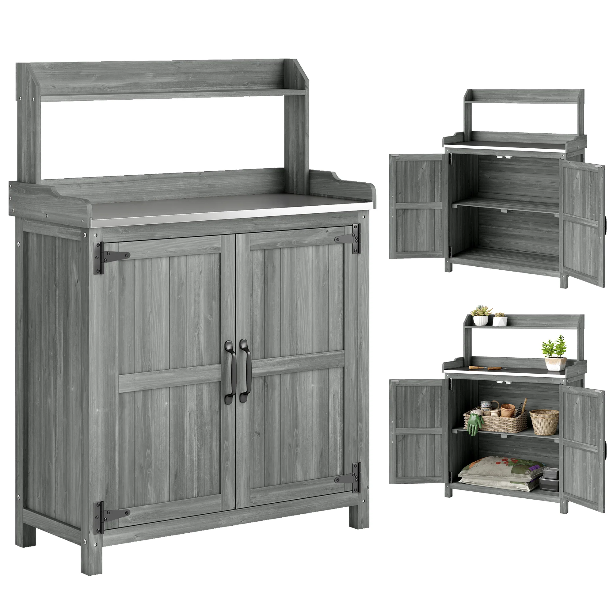 Outsunny Wooden Potting Bench Table with Aluminium Worktop and Top Shelf