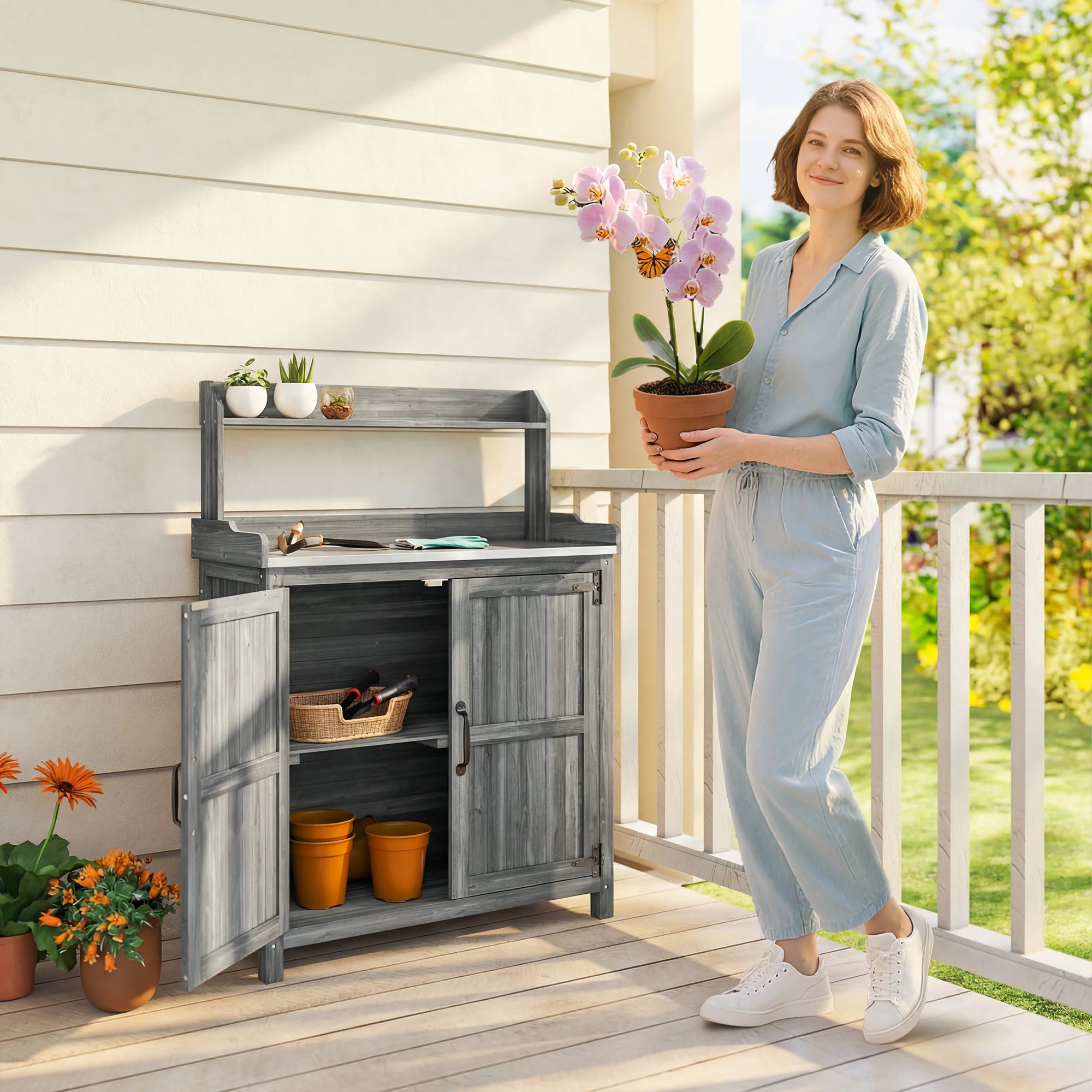 Outsunny Wooden Potting Bench Table with Aluminium Worktop and Top Shelf - Image 2