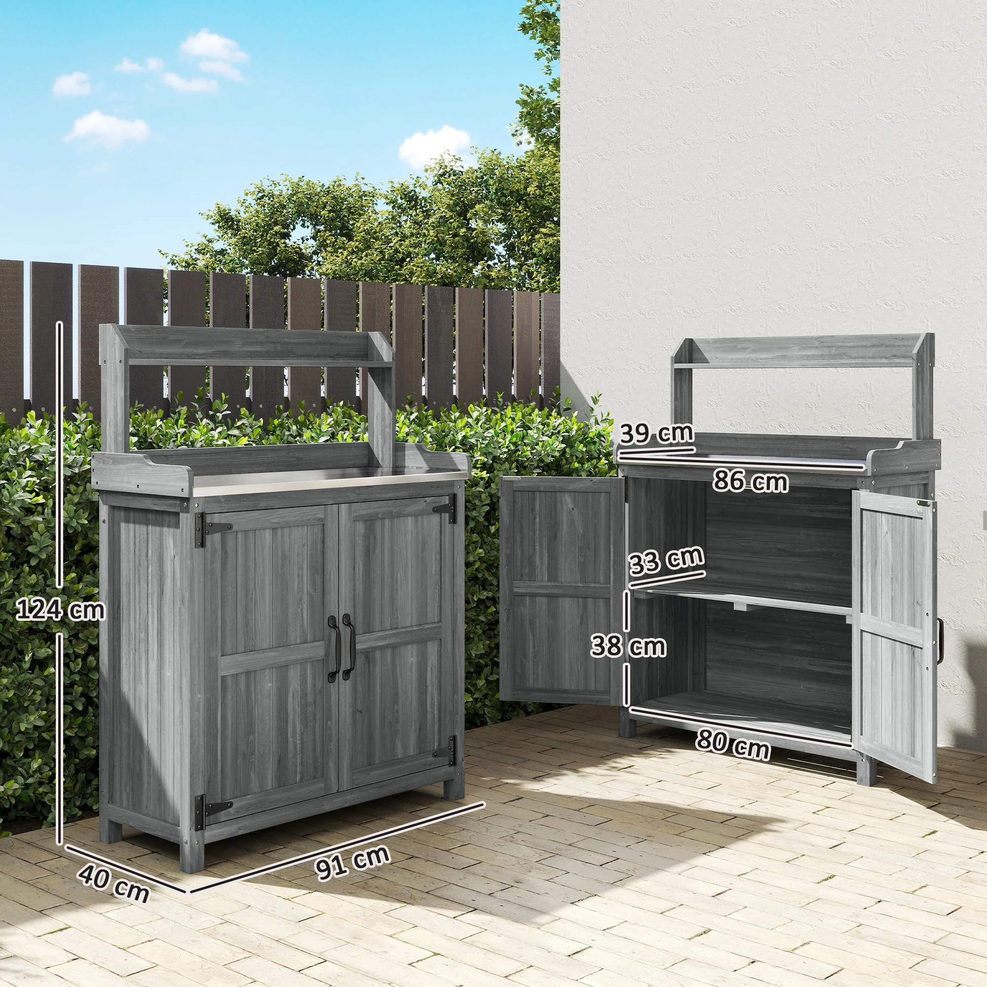 Outsunny Wooden Potting Bench Table with Aluminium Worktop and Top Shelf - Image 3