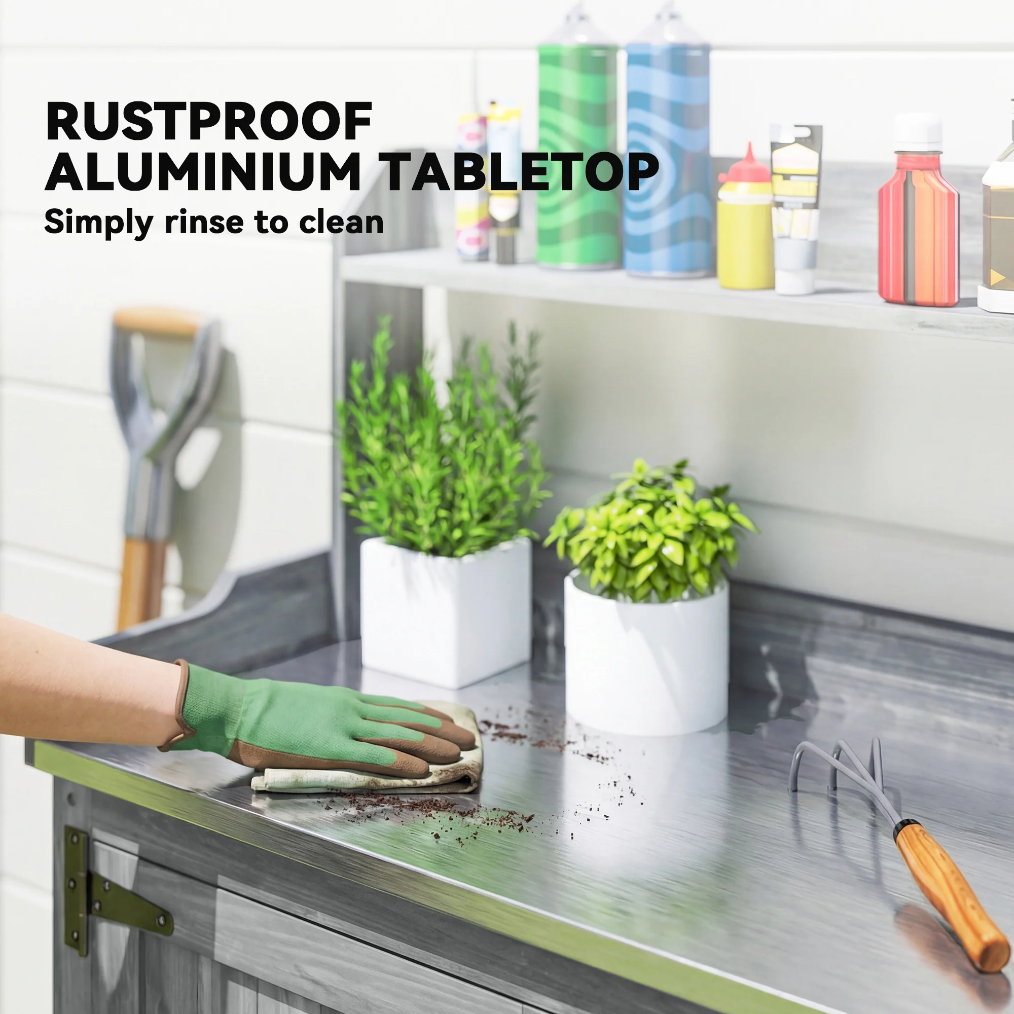 Outsunny Wooden Potting Bench Table with Aluminium Worktop and Top Shelf - Image 5