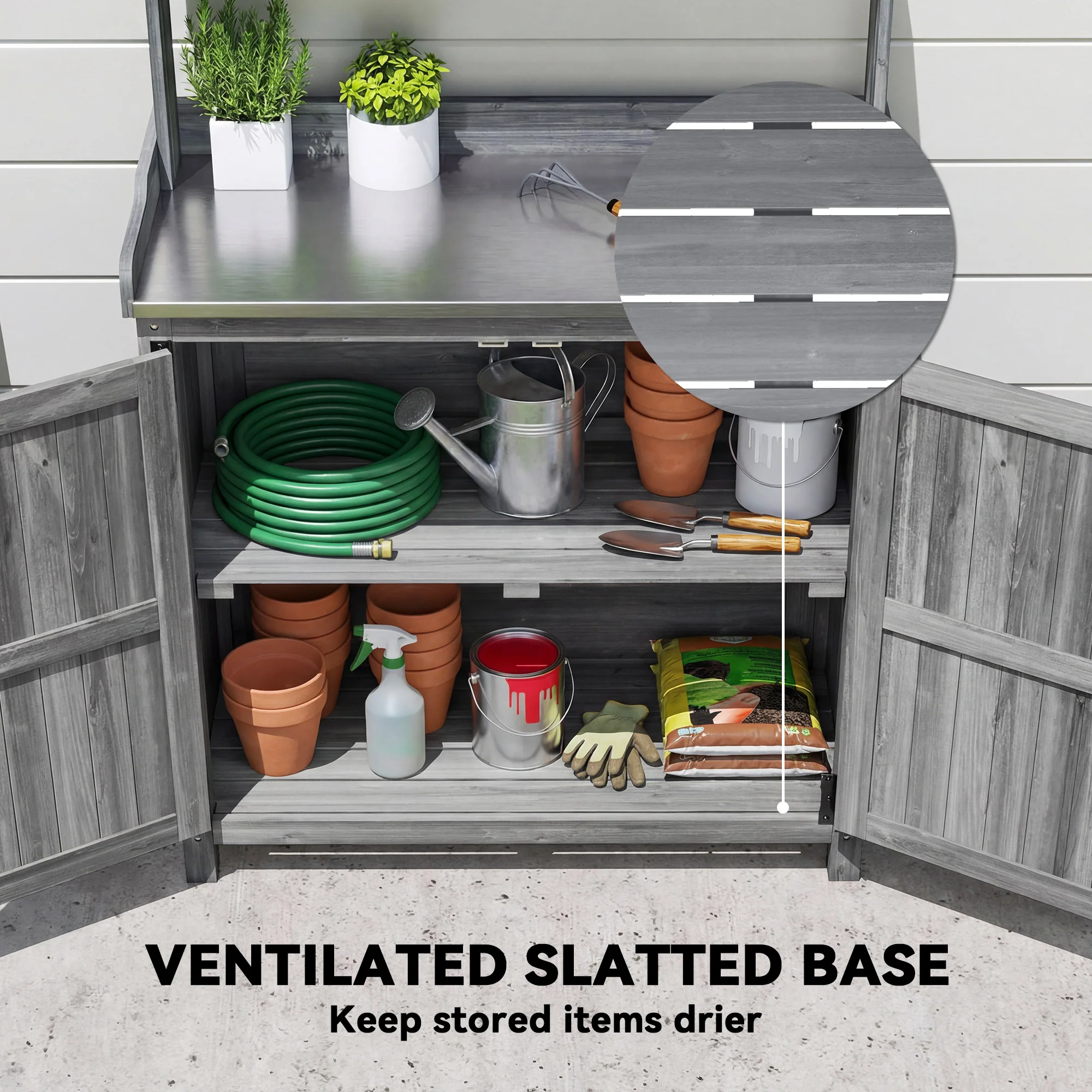 Outsunny Wooden Potting Bench Table with Aluminium Worktop and Top Shelf - Image 6