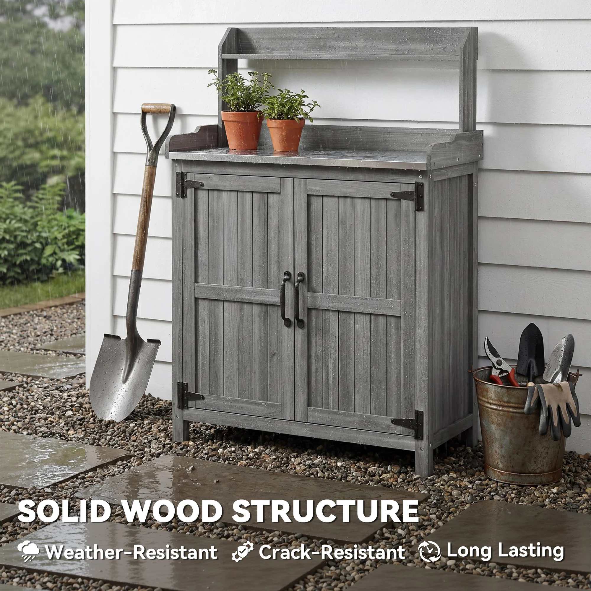 Outsunny Wooden Potting Bench Table with Aluminium Worktop and Top Shelf - Image 7