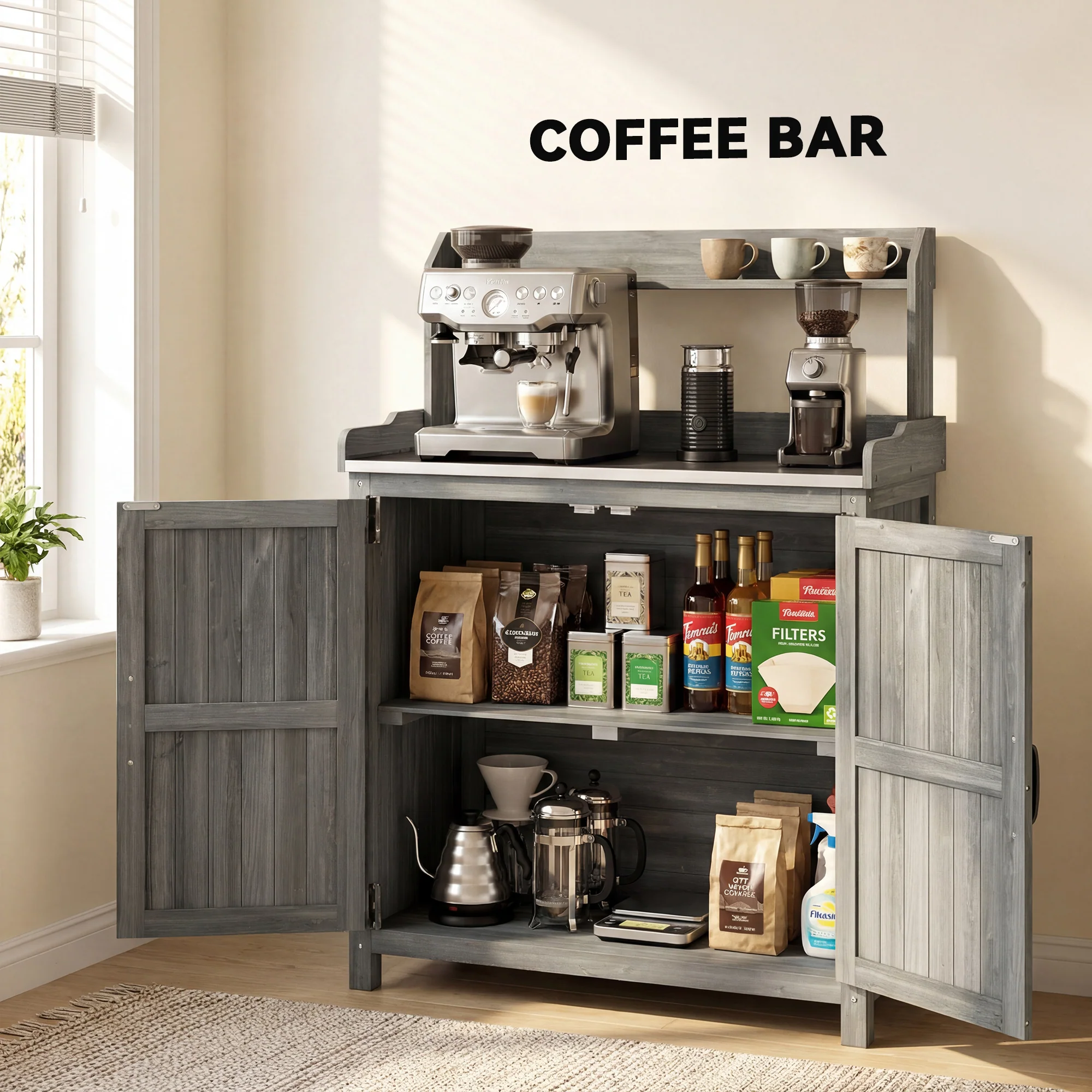 Outsunny Wooden Potting Bench Table with Aluminium Worktop and Top Shelf - Image 8