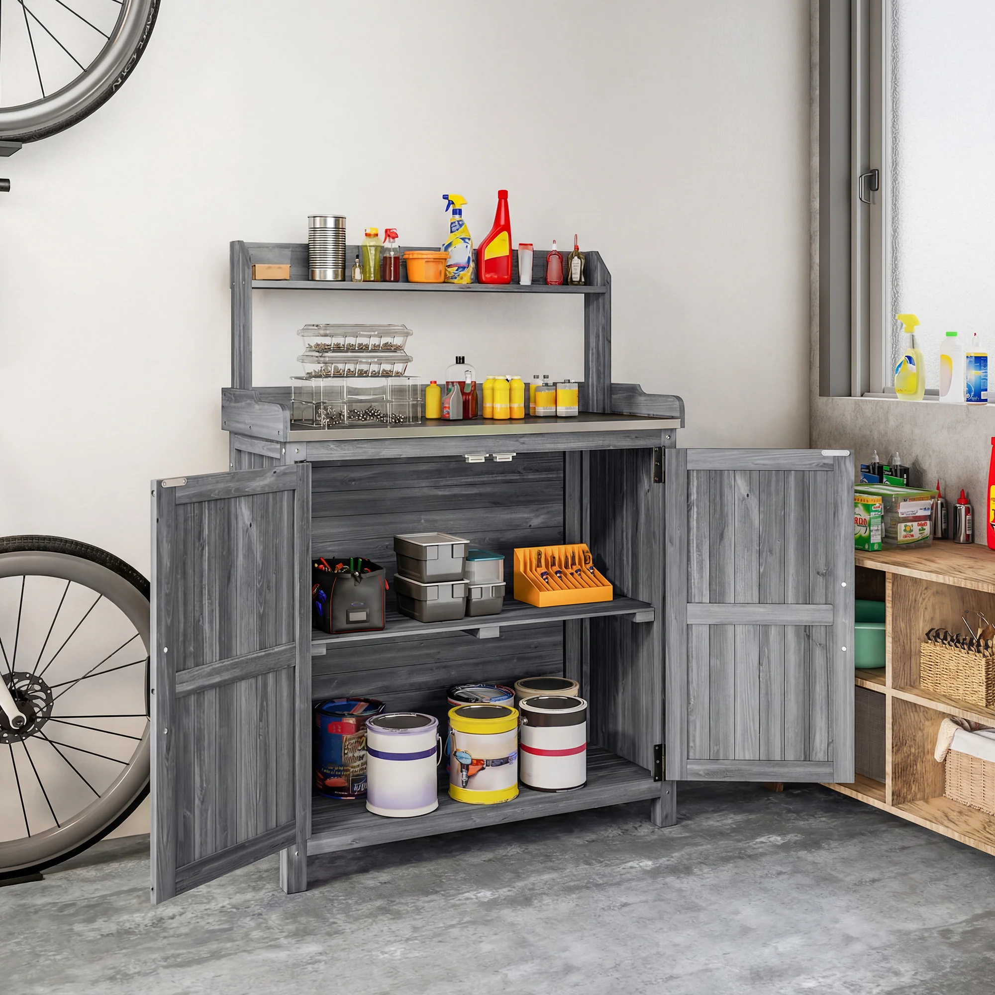 Outsunny Wooden Potting Bench Table with Aluminium Worktop and Top Shelf - Image 9