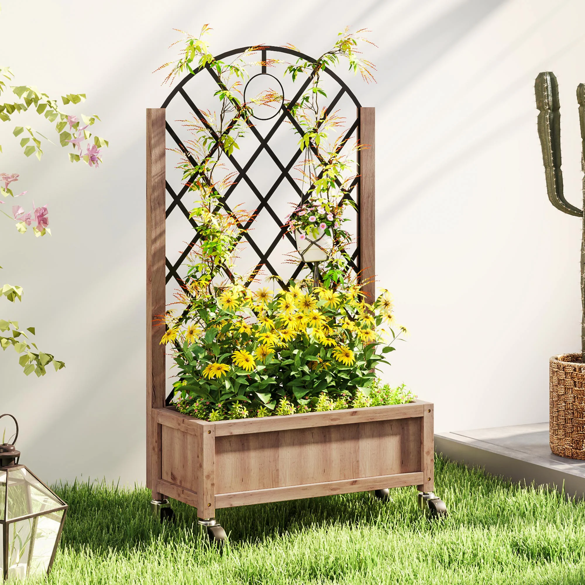 Outsunny Wooden Raised Bed, Outdoor Planter Box w/ Metal Trellis - Image 2