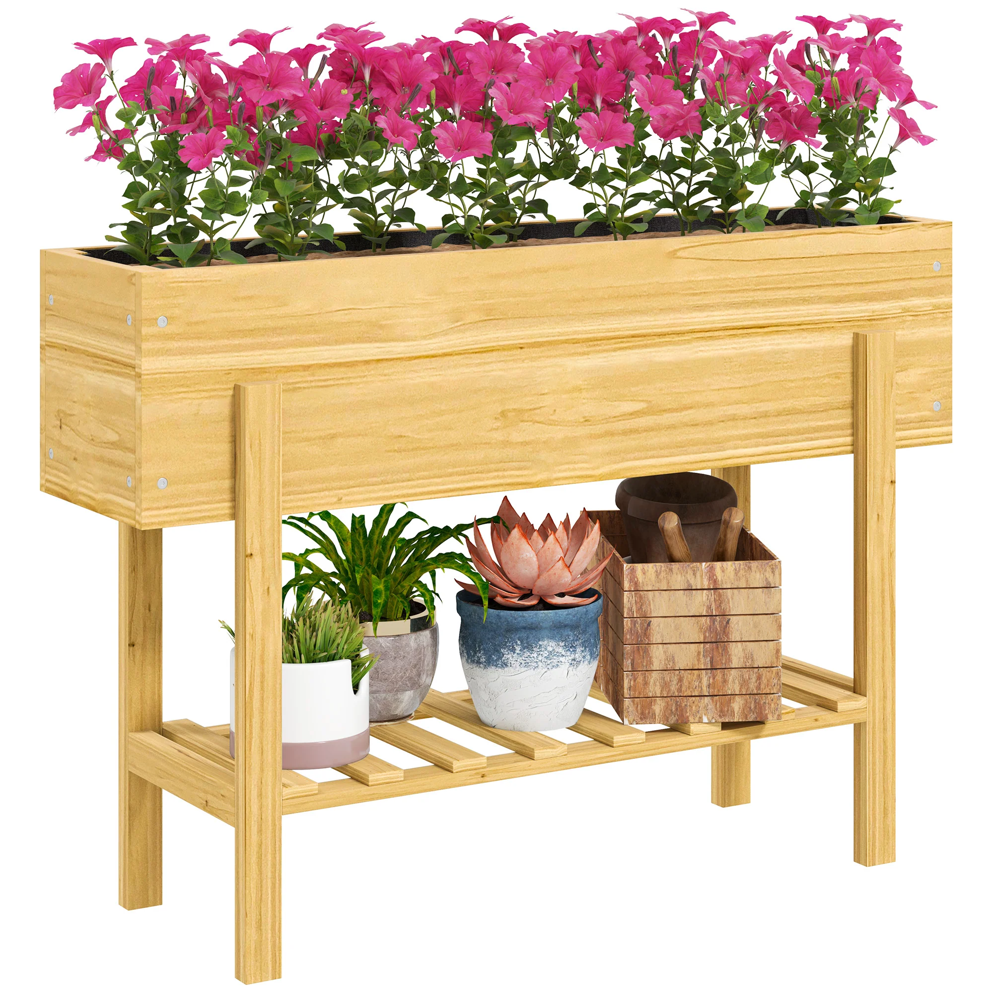 Outsunny Wooden Raised Bed w/ Bed Liner, Storage Shelf - Image 10