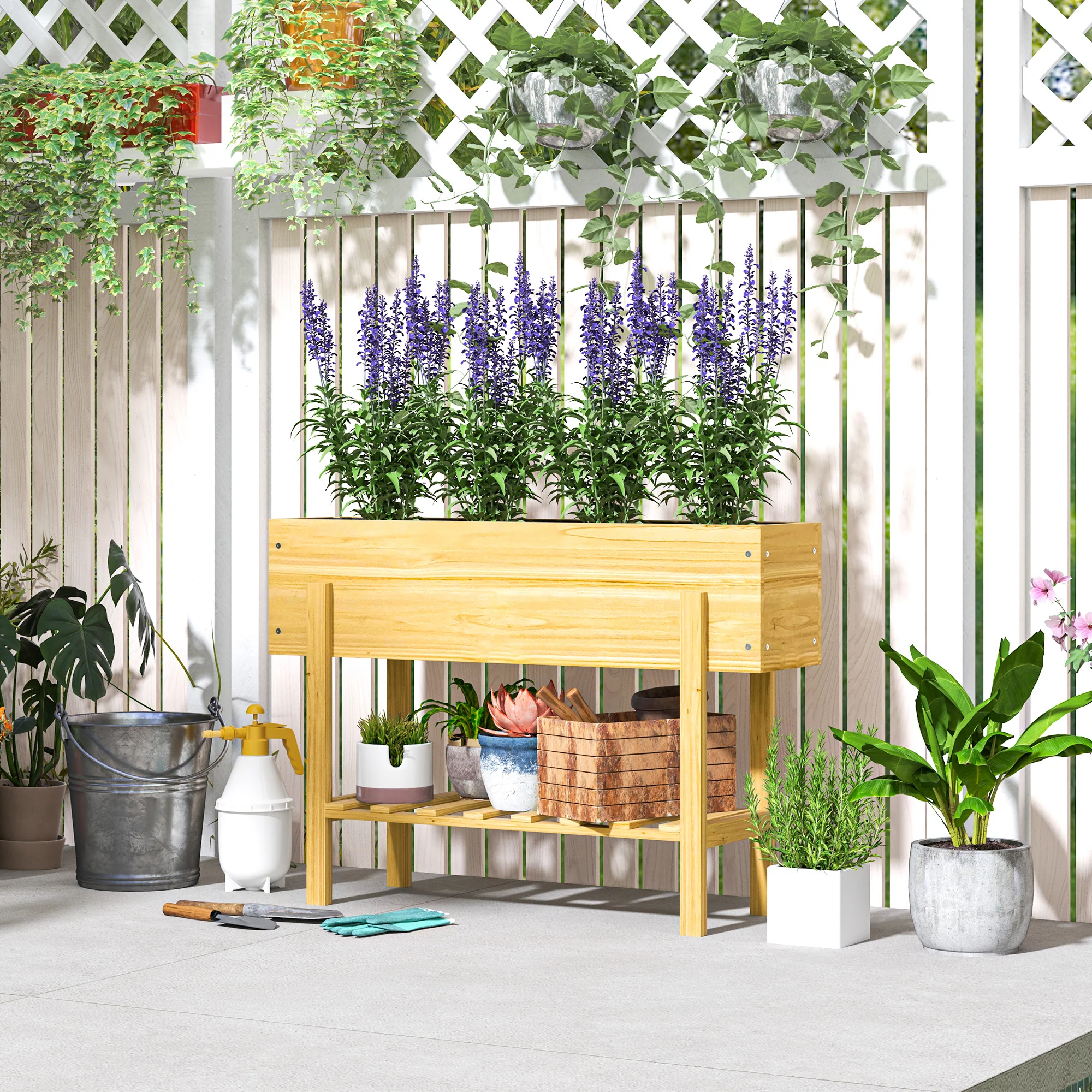 Outsunny Wooden Raised Bed w/ Bed Liner, Storage Shelf - Image 11