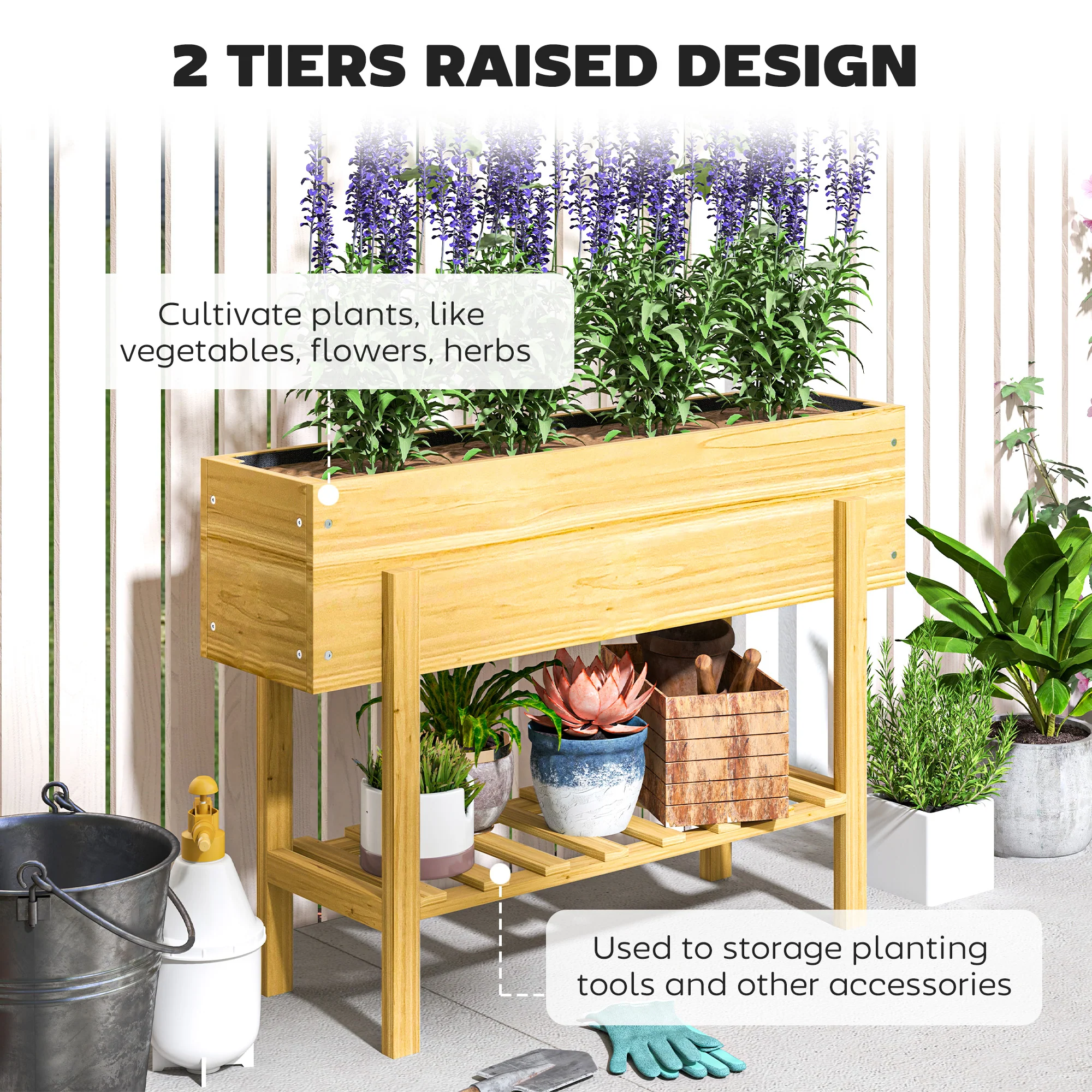 Outsunny Wooden Raised Bed w/ Bed Liner, Storage Shelf - Image 12