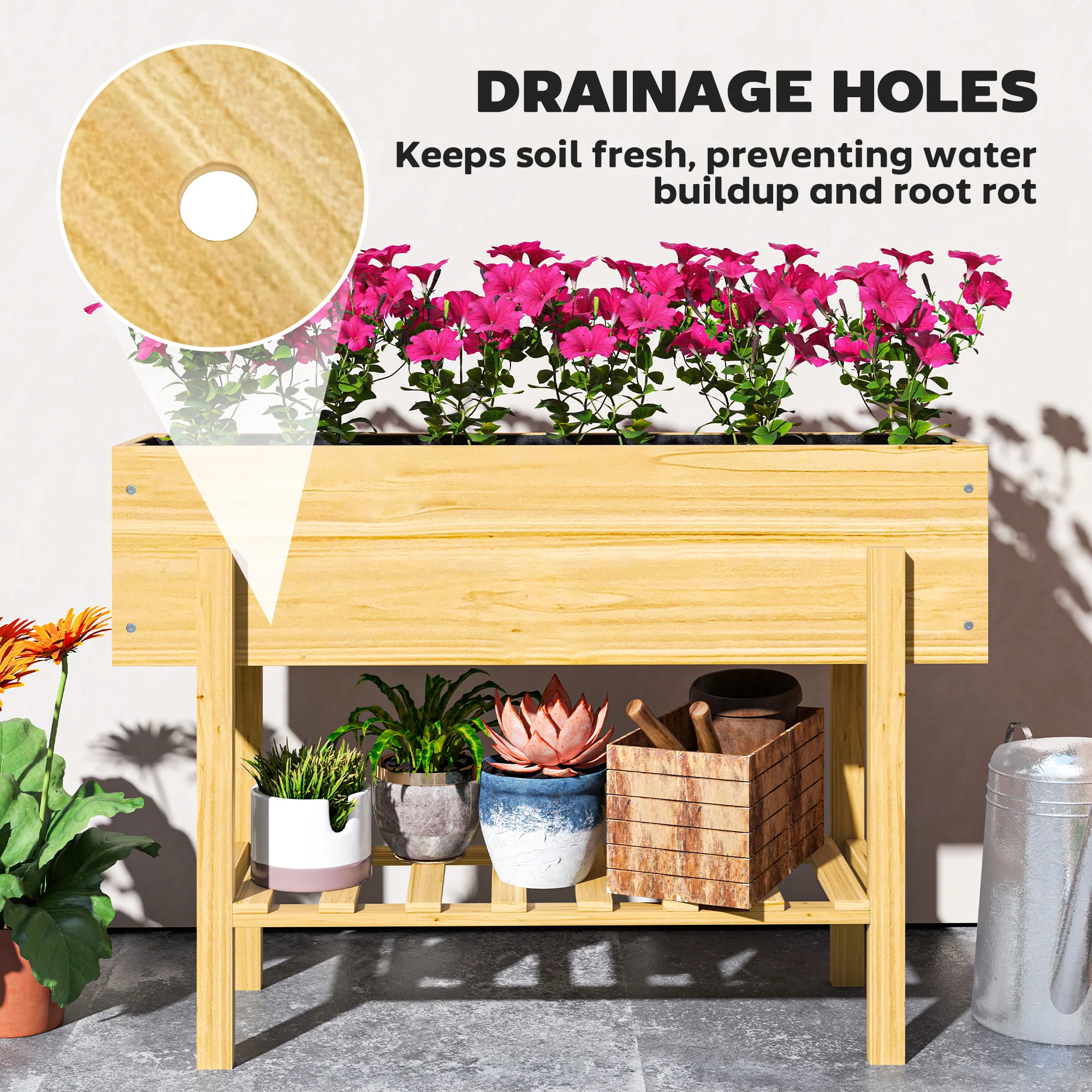 Outsunny Wooden Raised Bed w/ Bed Liner, Storage Shelf - Image 13