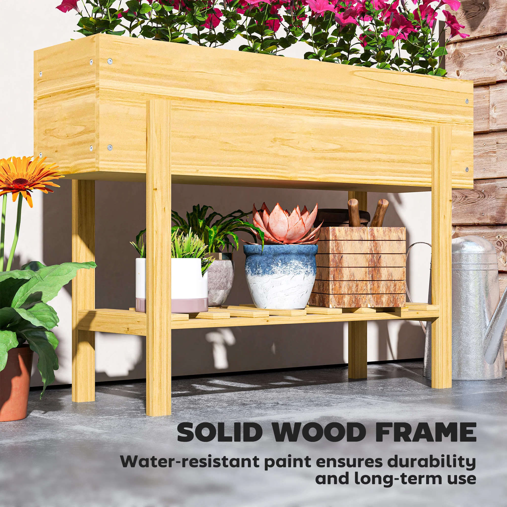Outsunny Wooden Raised Bed w/ Bed Liner, Storage Shelf - Image 16