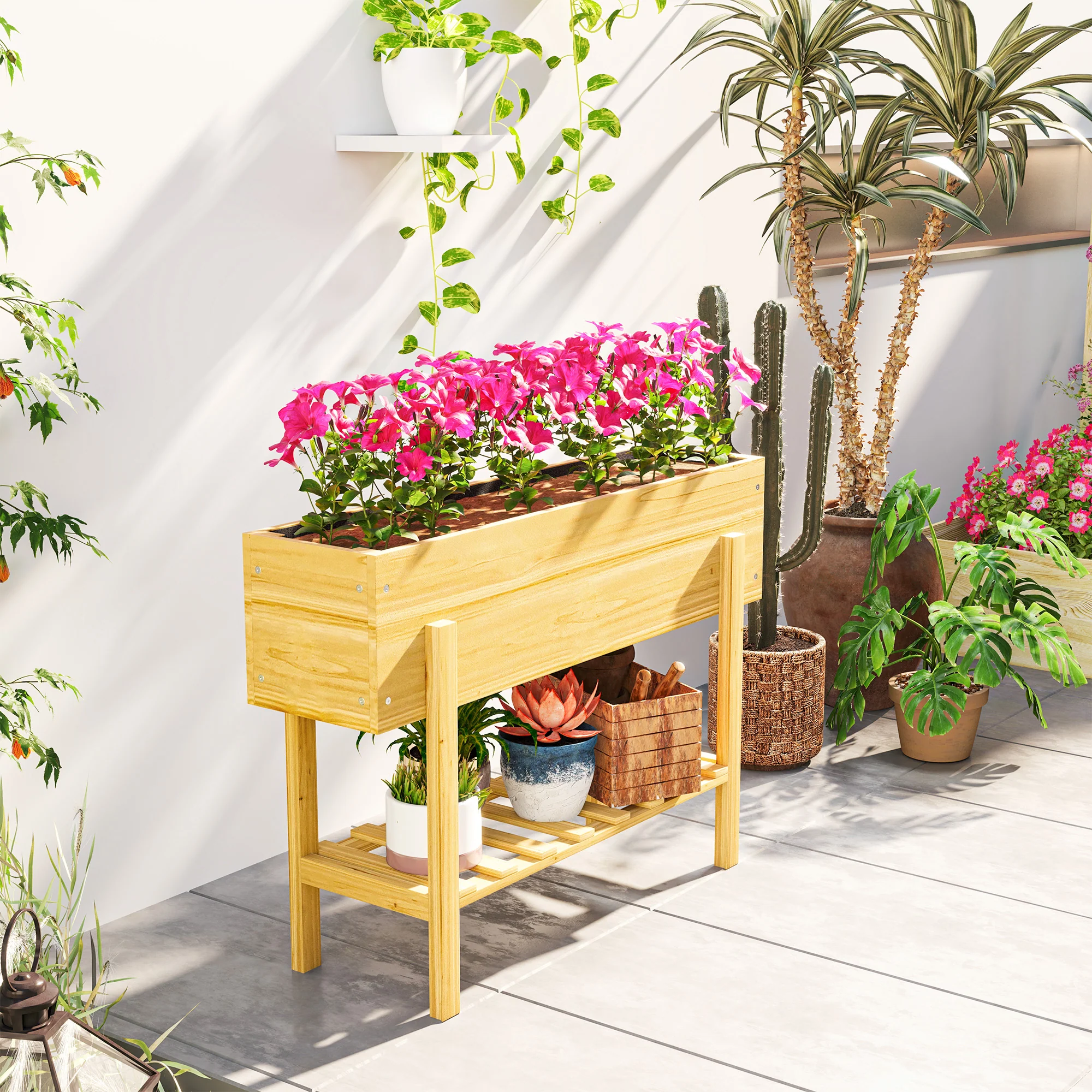 Outsunny Wooden Raised Bed w/ Bed Liner, Storage Shelf - Image 17