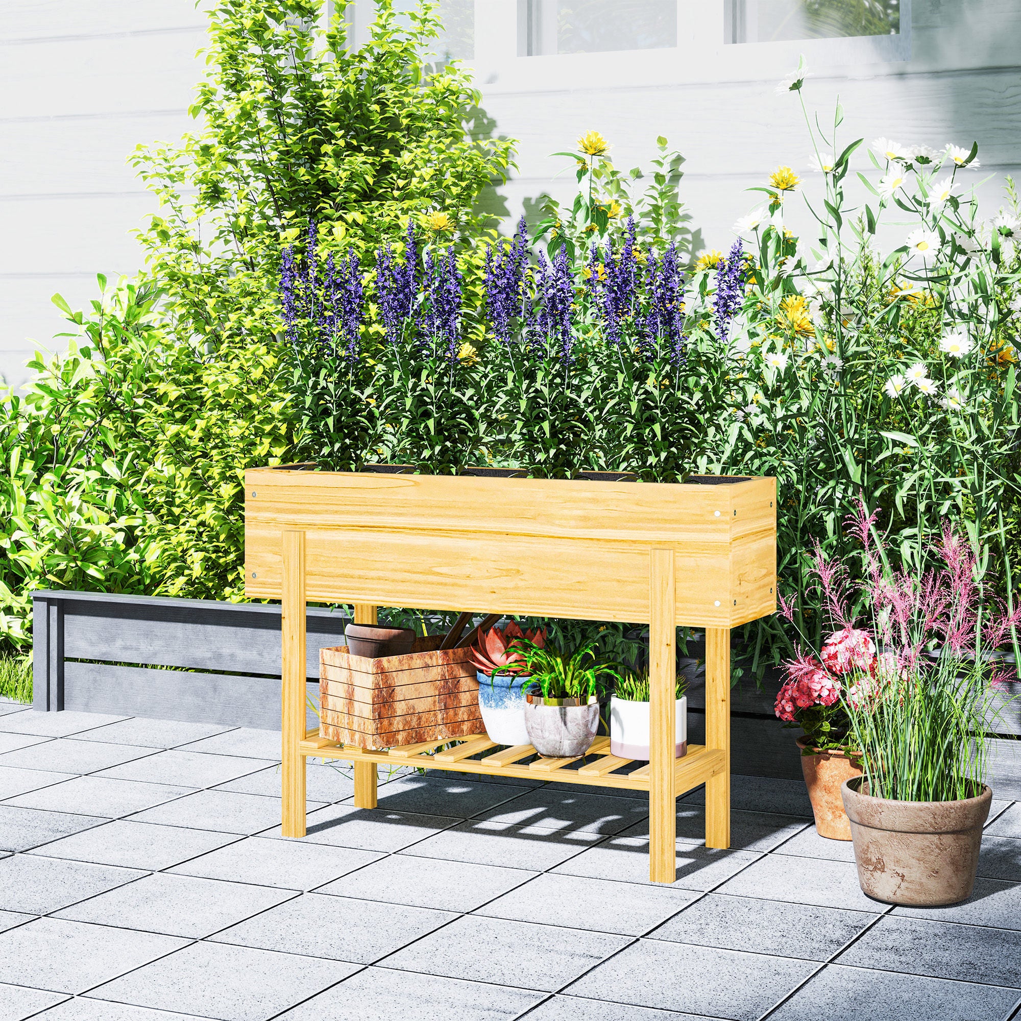 Outsunny Wooden Raised Bed w/ Bed Liner, Storage Shelf - Image 18