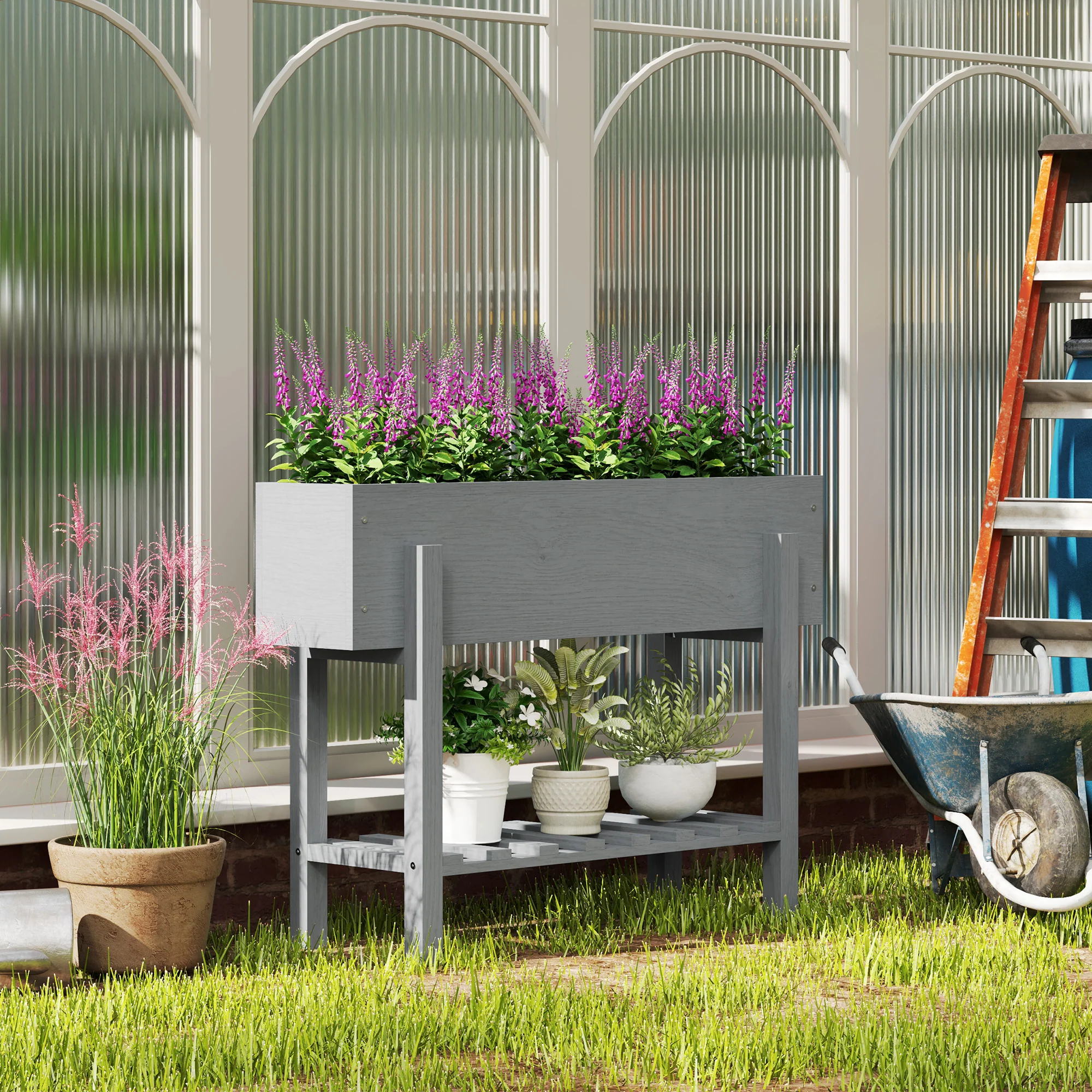 Outsunny Wooden Raised Bed w/ Bed Liner, Storage Shelf - Image 2