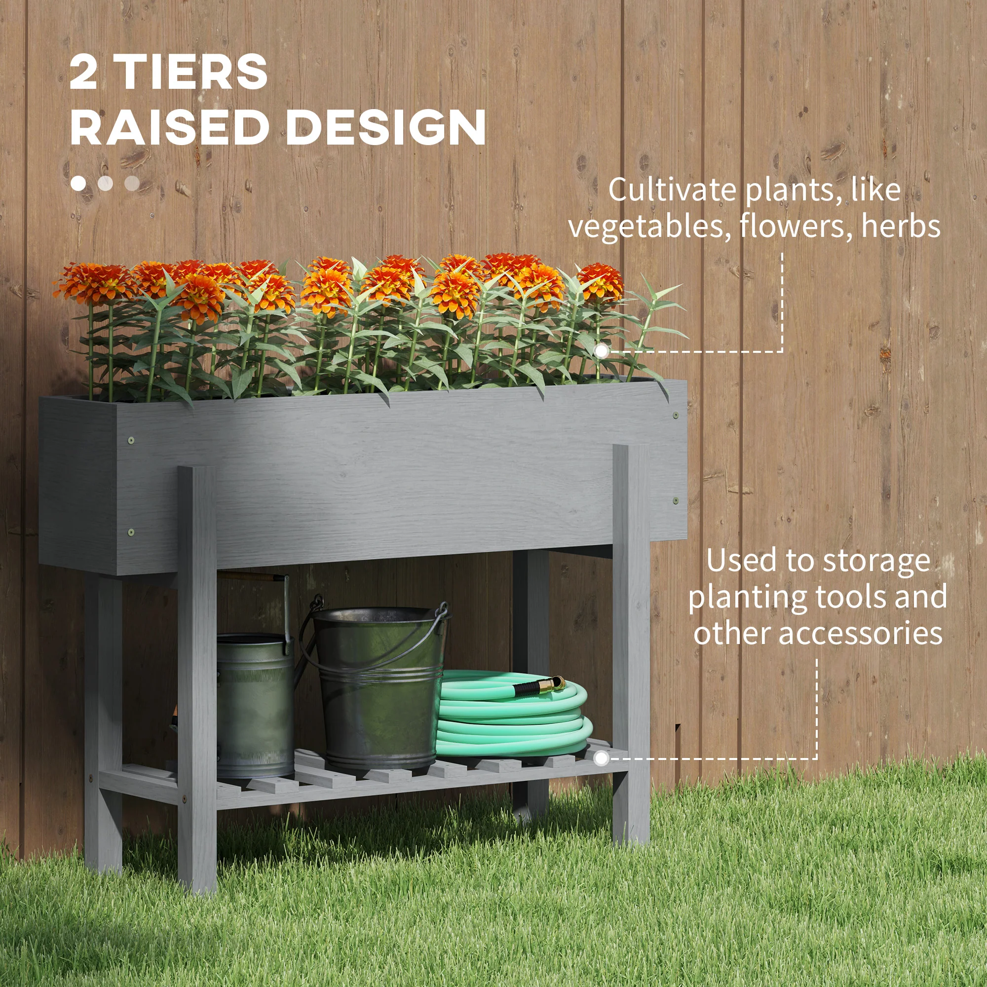 Outsunny Wooden Raised Bed w/ Bed Liner, Storage Shelf - Image 3