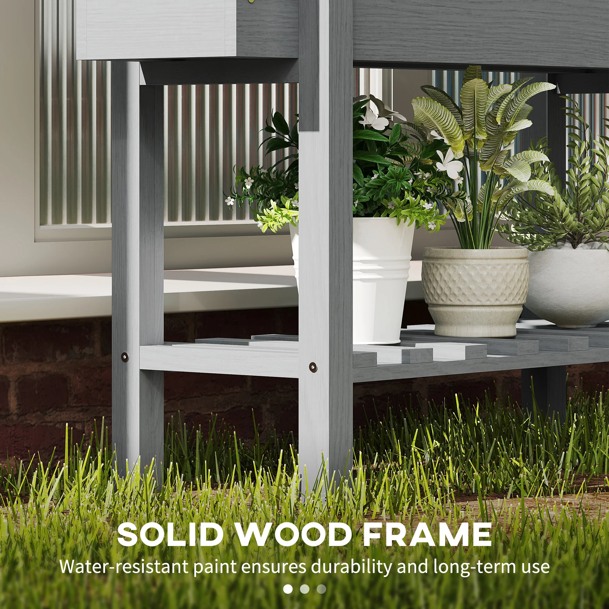 Outsunny Wooden Raised Bed w/ Bed Liner, Storage Shelf - Image 7