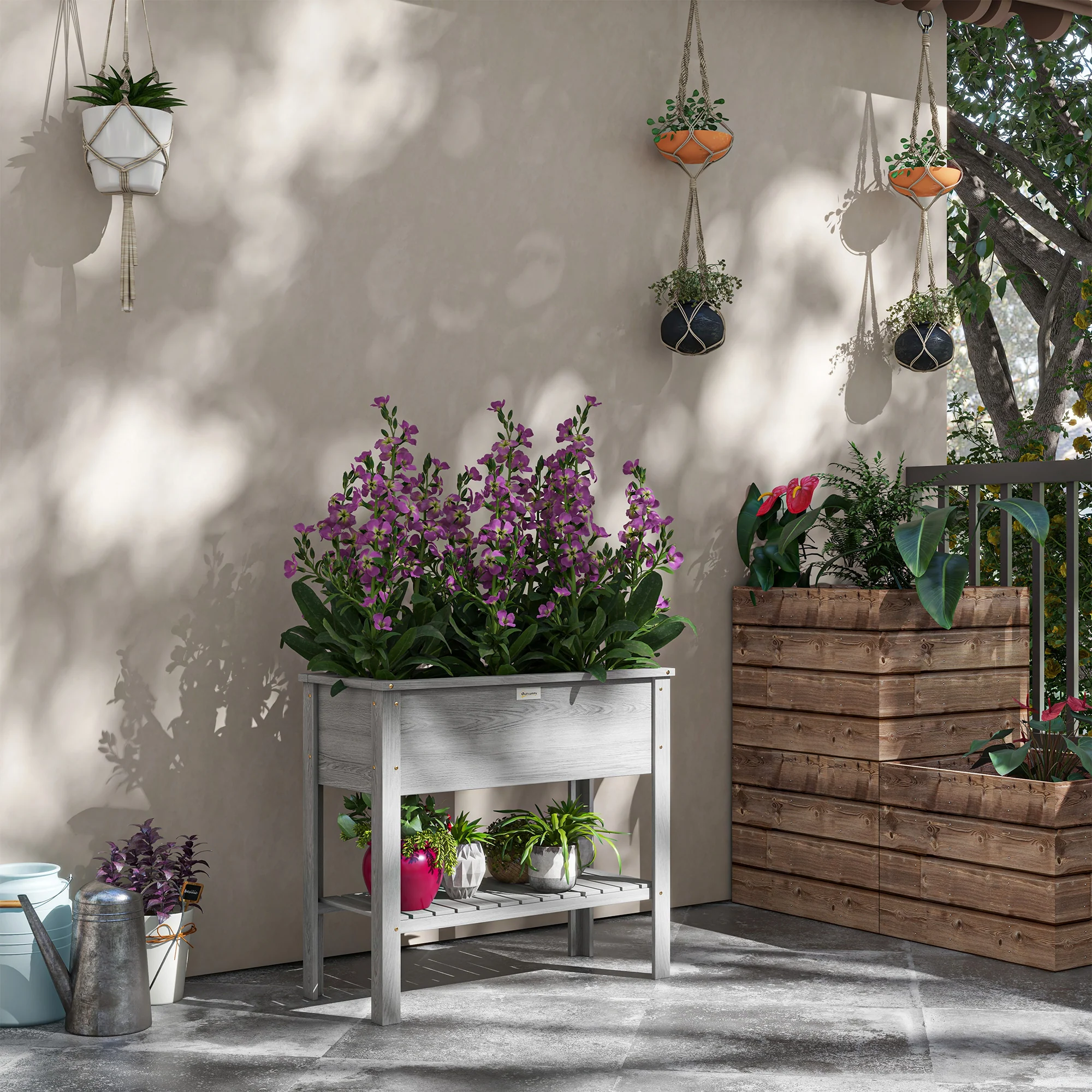 Outsunny Wooden Raised Garden Bed, Elevated Planter Box with Storage Shelf - Image 2