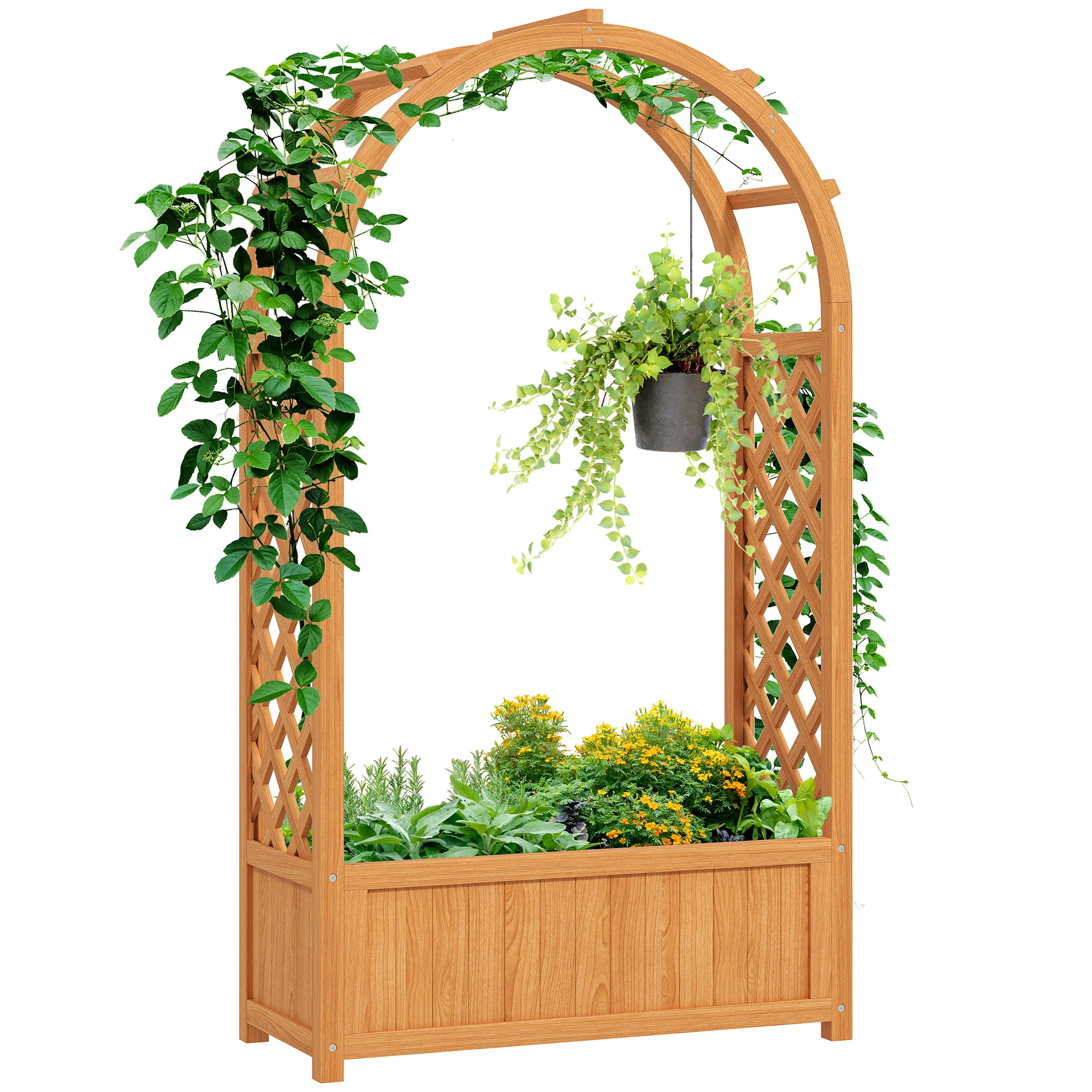 Outsunny Wooden Raised Garden Bed, Trellis Planter W/ Trellis, Fabric Liner
