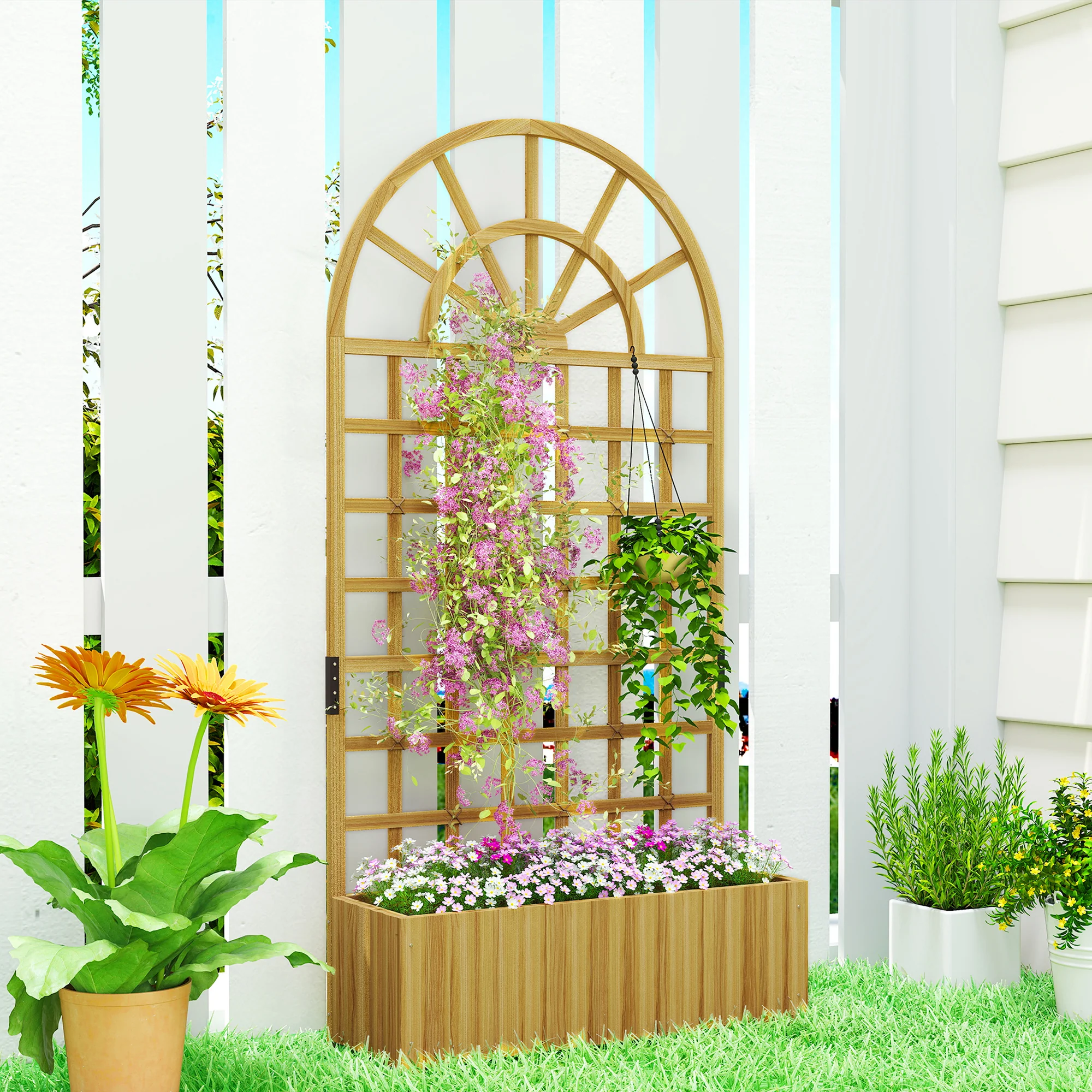 Outsunny Wooden Raised Planter with Lattice Trellis for Climbing Plants - Image 2