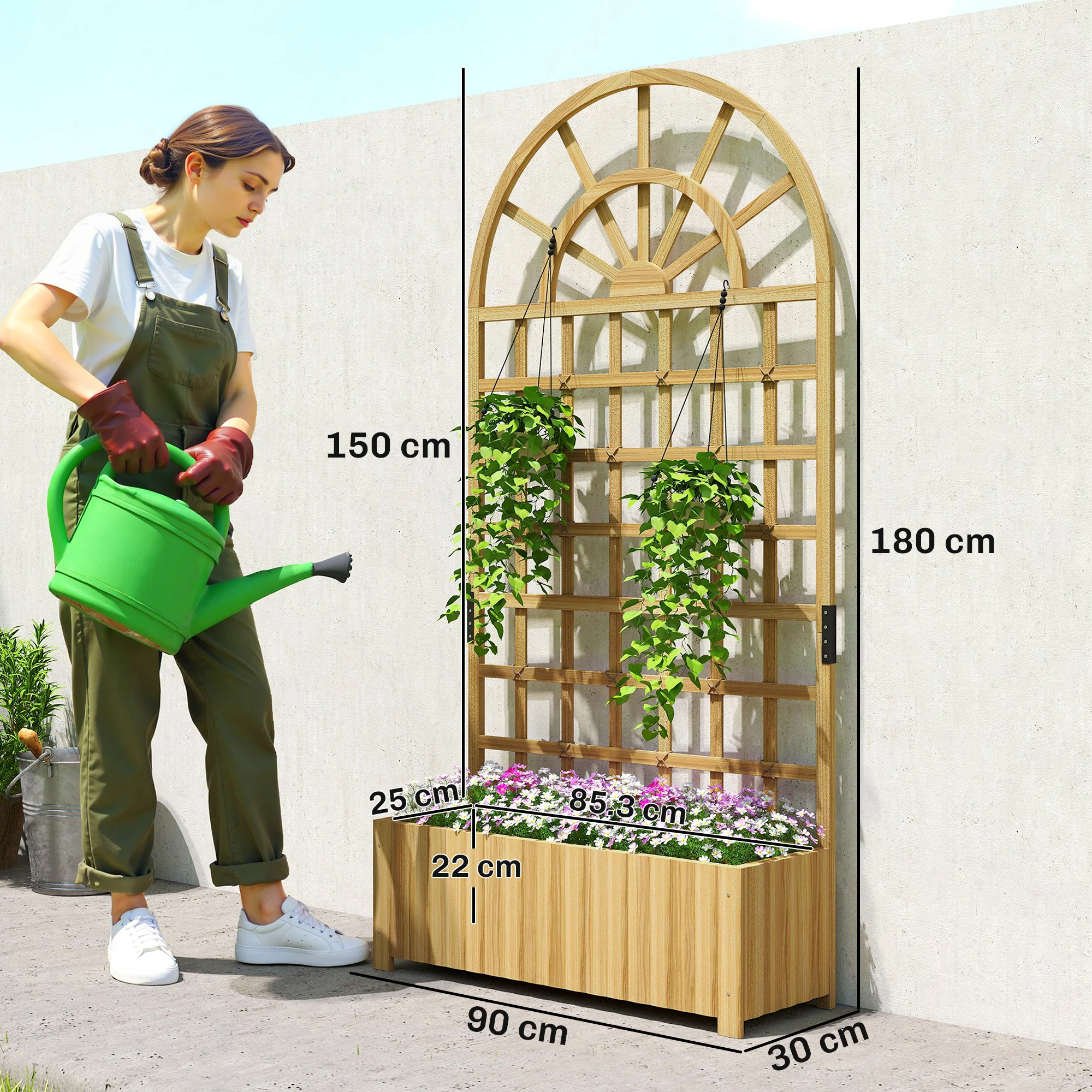 Outsunny Wooden Raised Planter with Lattice Trellis for Climbing Plants - Image 3