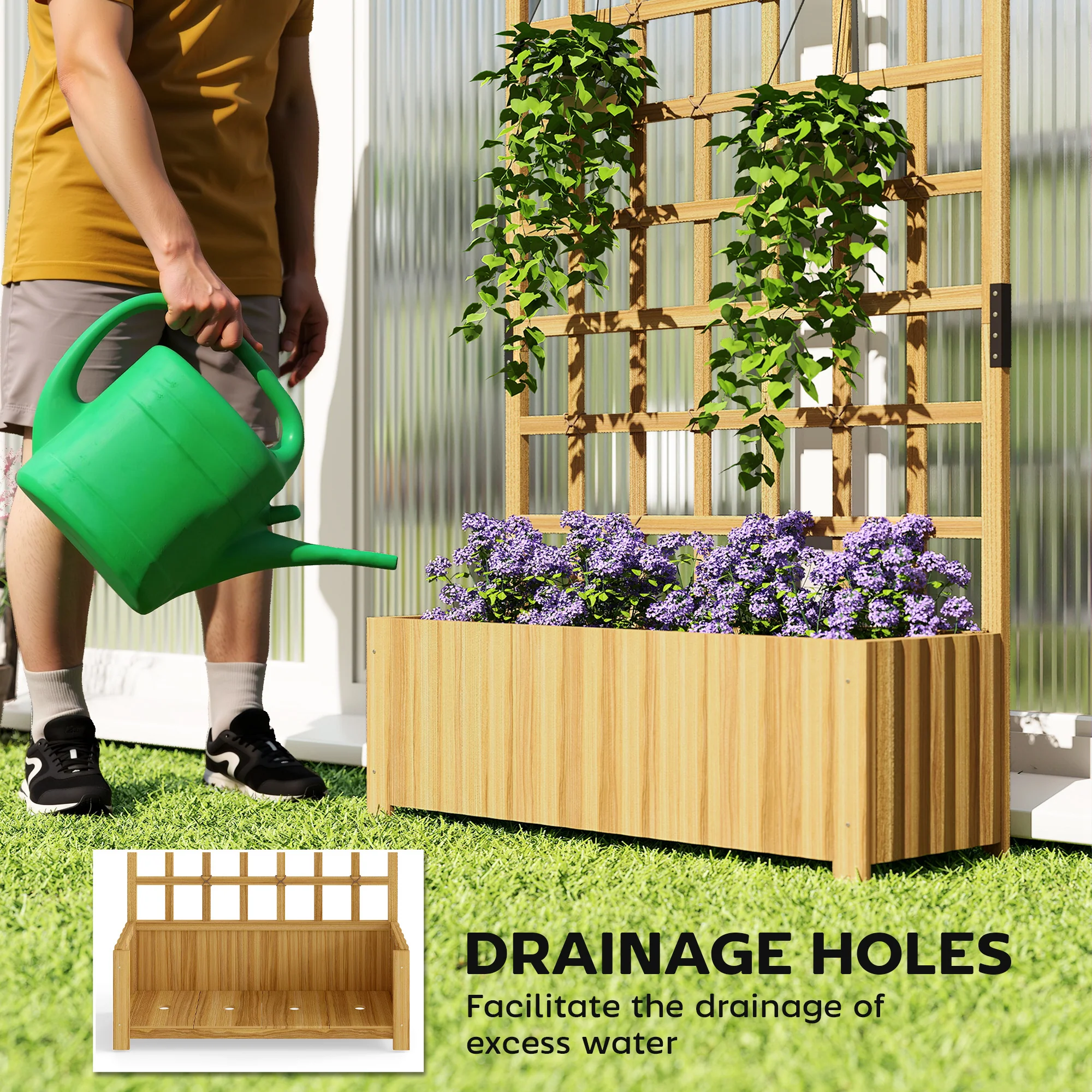 Outsunny Wooden Raised Planter with Lattice Trellis for Climbing Plants - Image 6