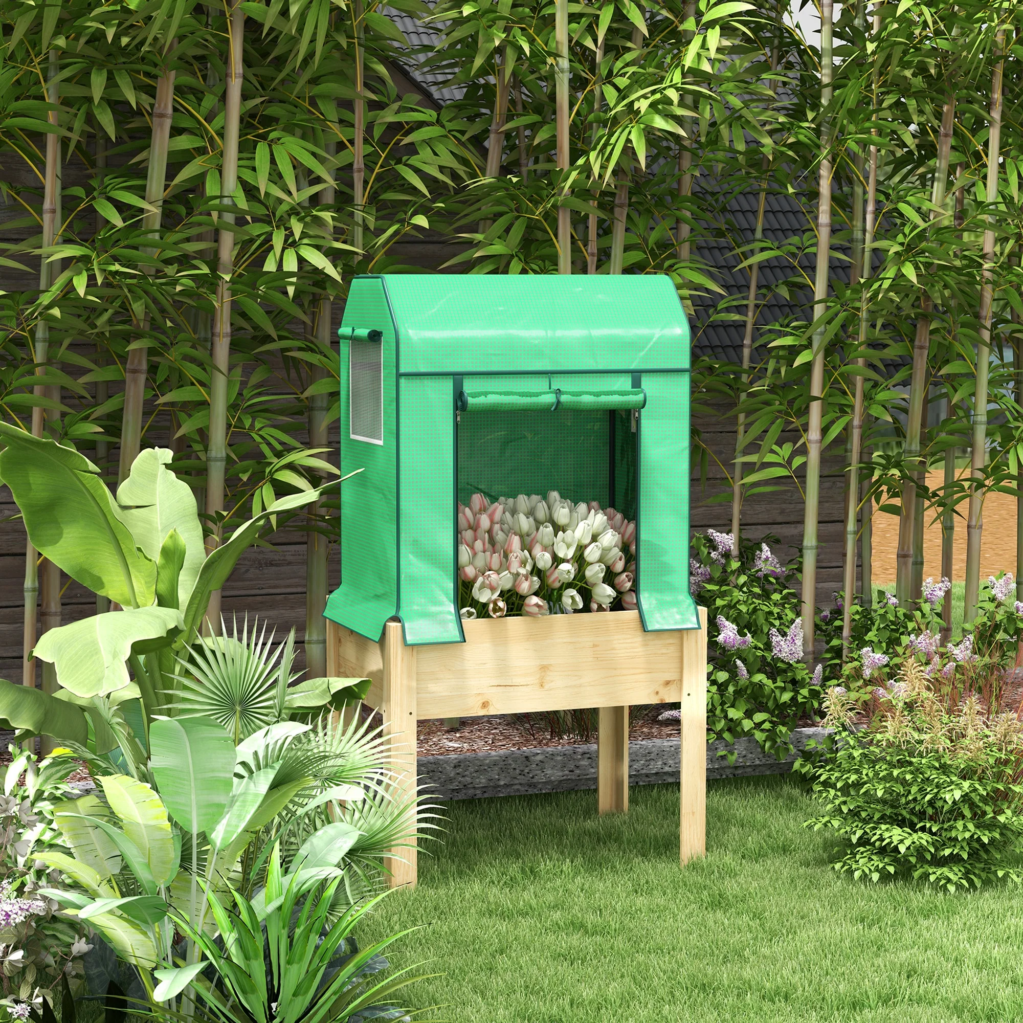 Outsunny Wooden Raised Planter with PE Greenhouse Cover and Bed Liner - Image 2