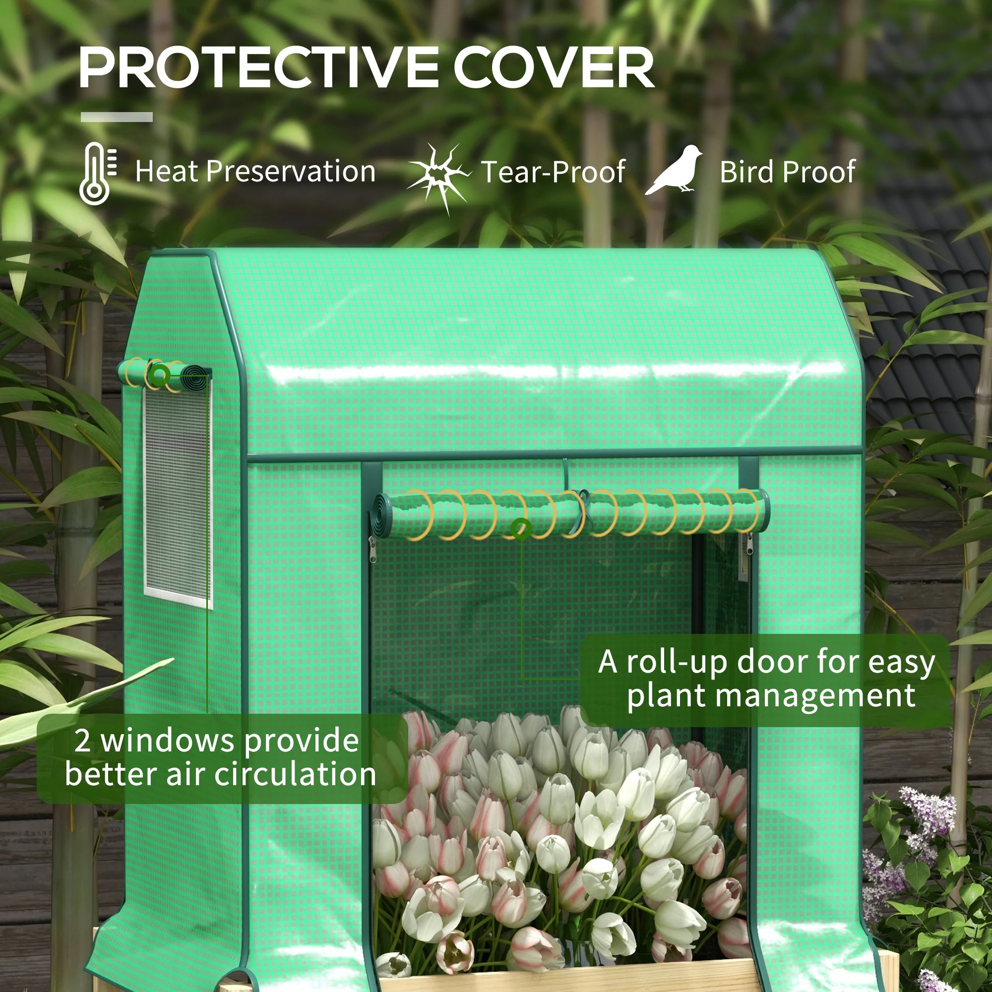 Outsunny Wooden Raised Planter with PE Greenhouse Cover and Bed Liner - Image 3