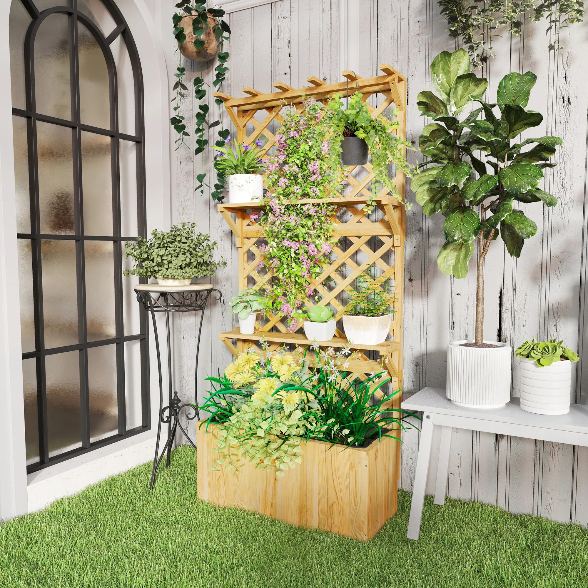 Outsunny Wooden Raised Planter with Trellis and 2 Shelves, Nature Wood - Image 2