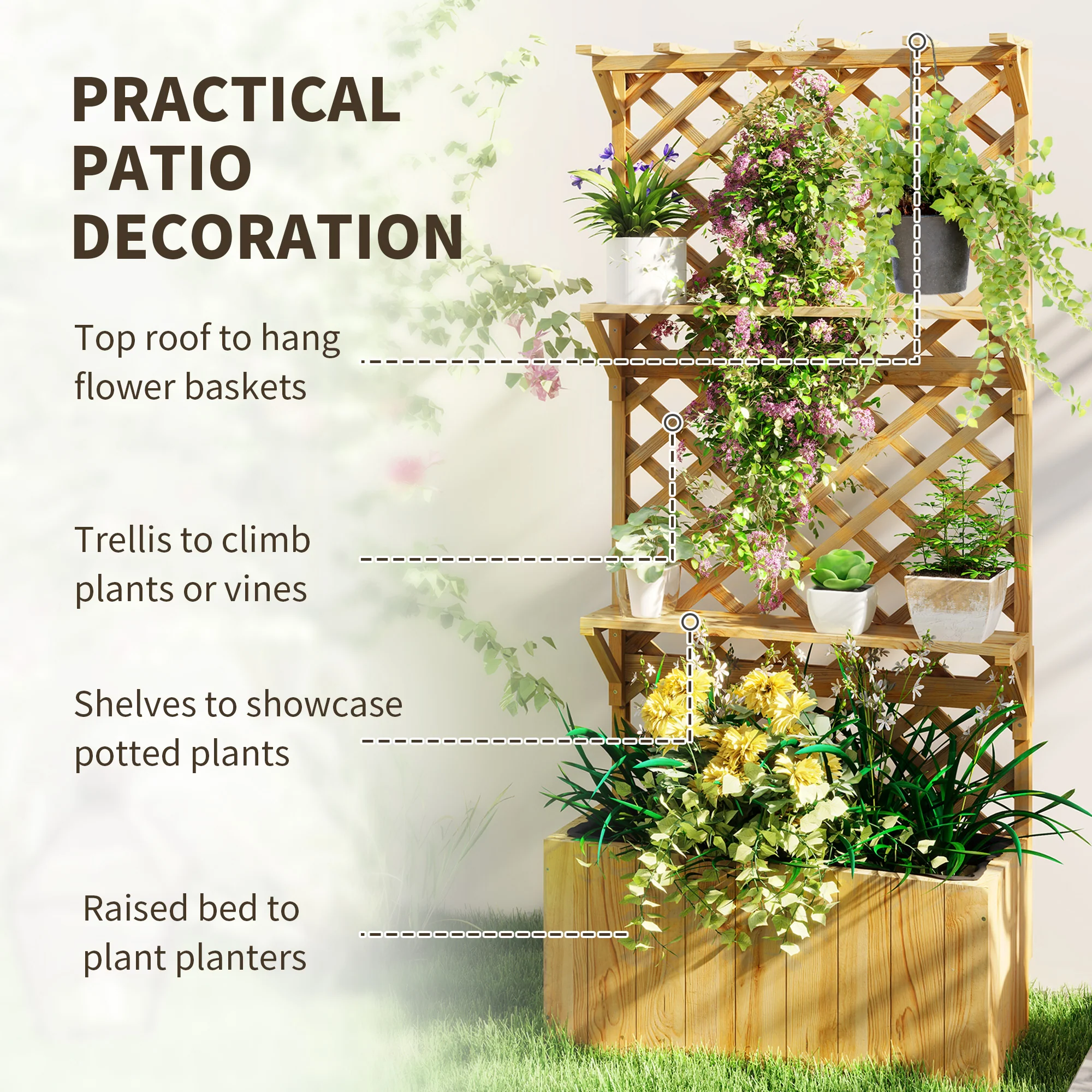 Outsunny Wooden Raised Planter with Trellis and 2 Shelves, Nature Wood - Image 3