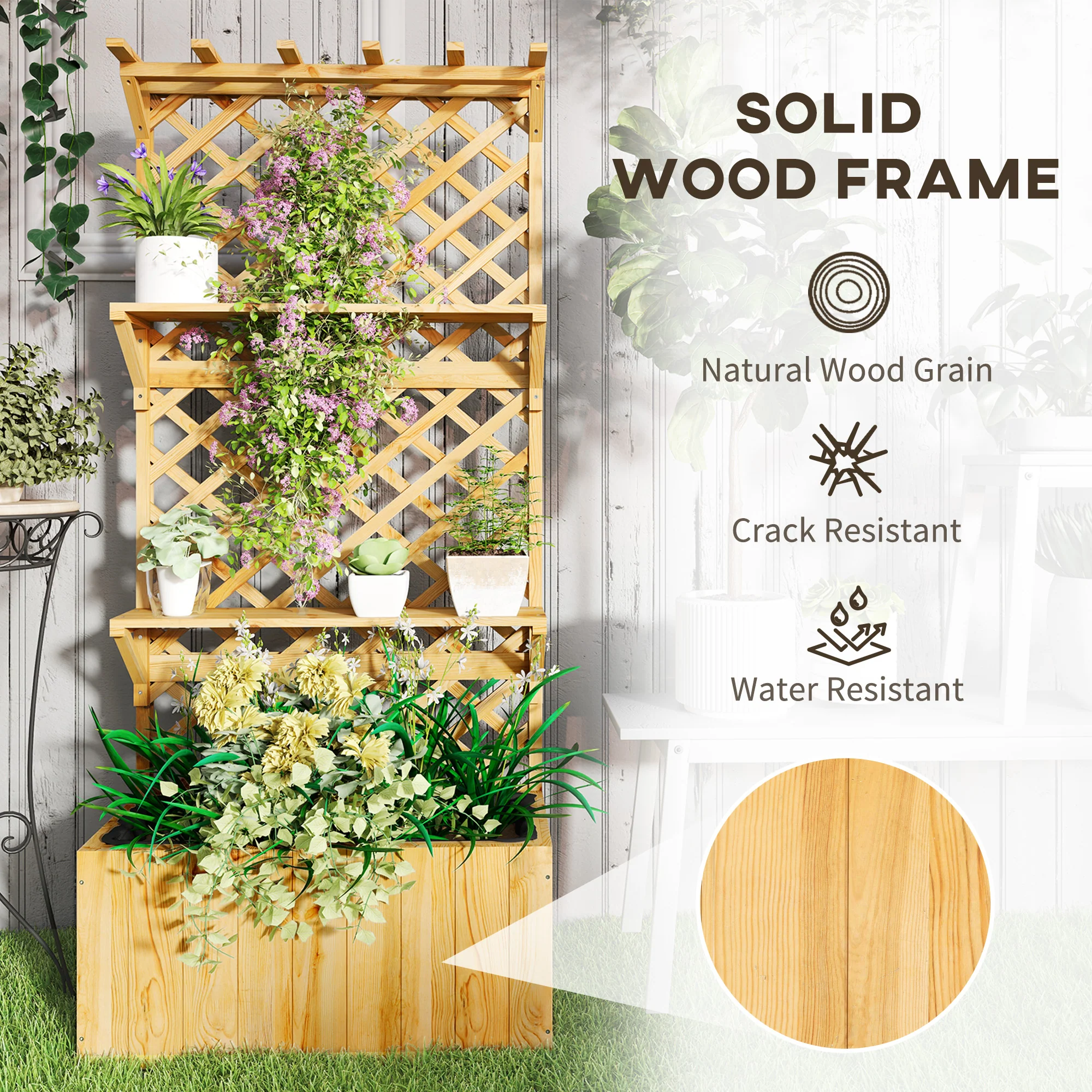 Outsunny Wooden Raised Planter with Trellis and 2 Shelves, Nature Wood - Image 7