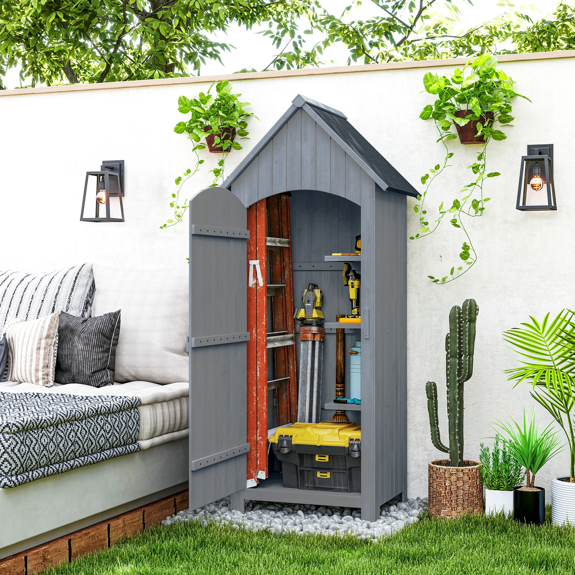 Outsunny Wooden Small Garden Shed With 3 Shelves And Tilt Roof Grey - Image 2