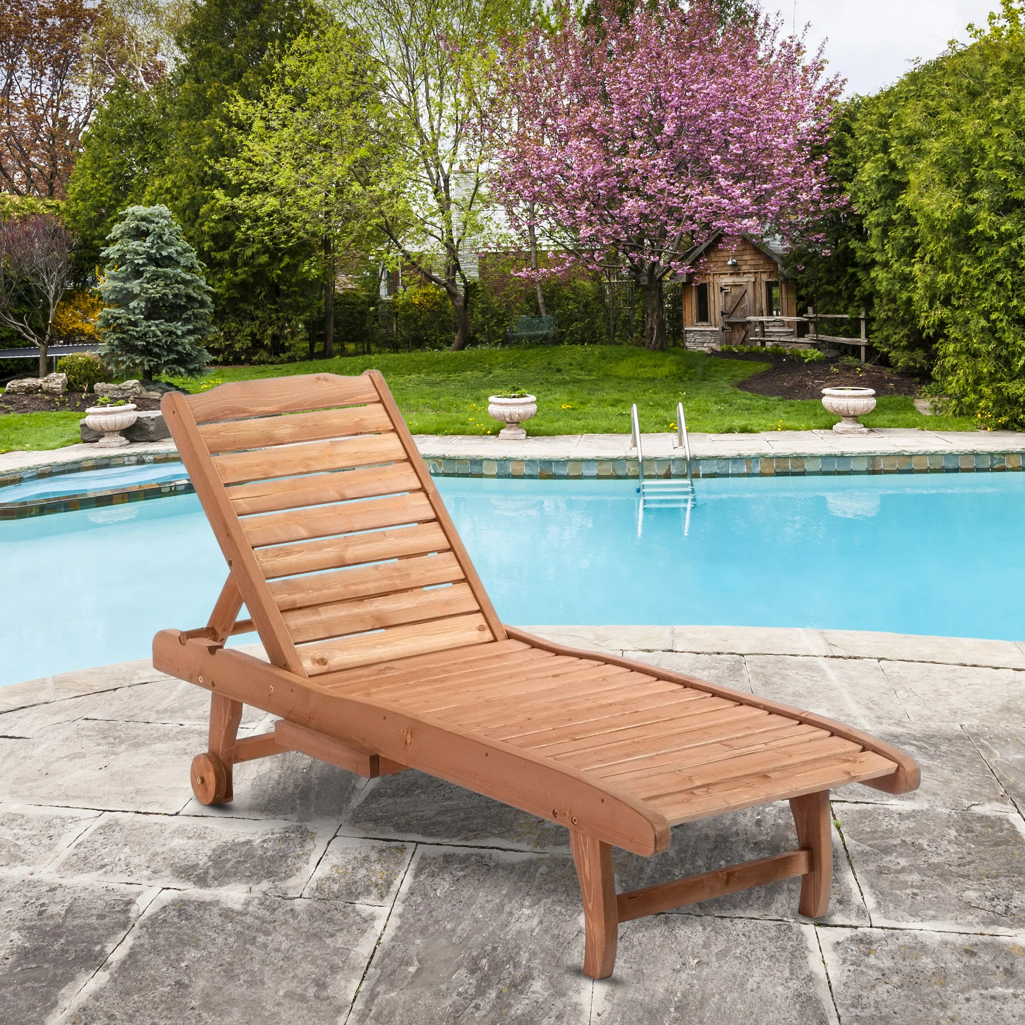 Outsunny Wooden Sun Lounger Outdoor Patio Sun Bed Adjustable w/ Pull-out Table - Image 2