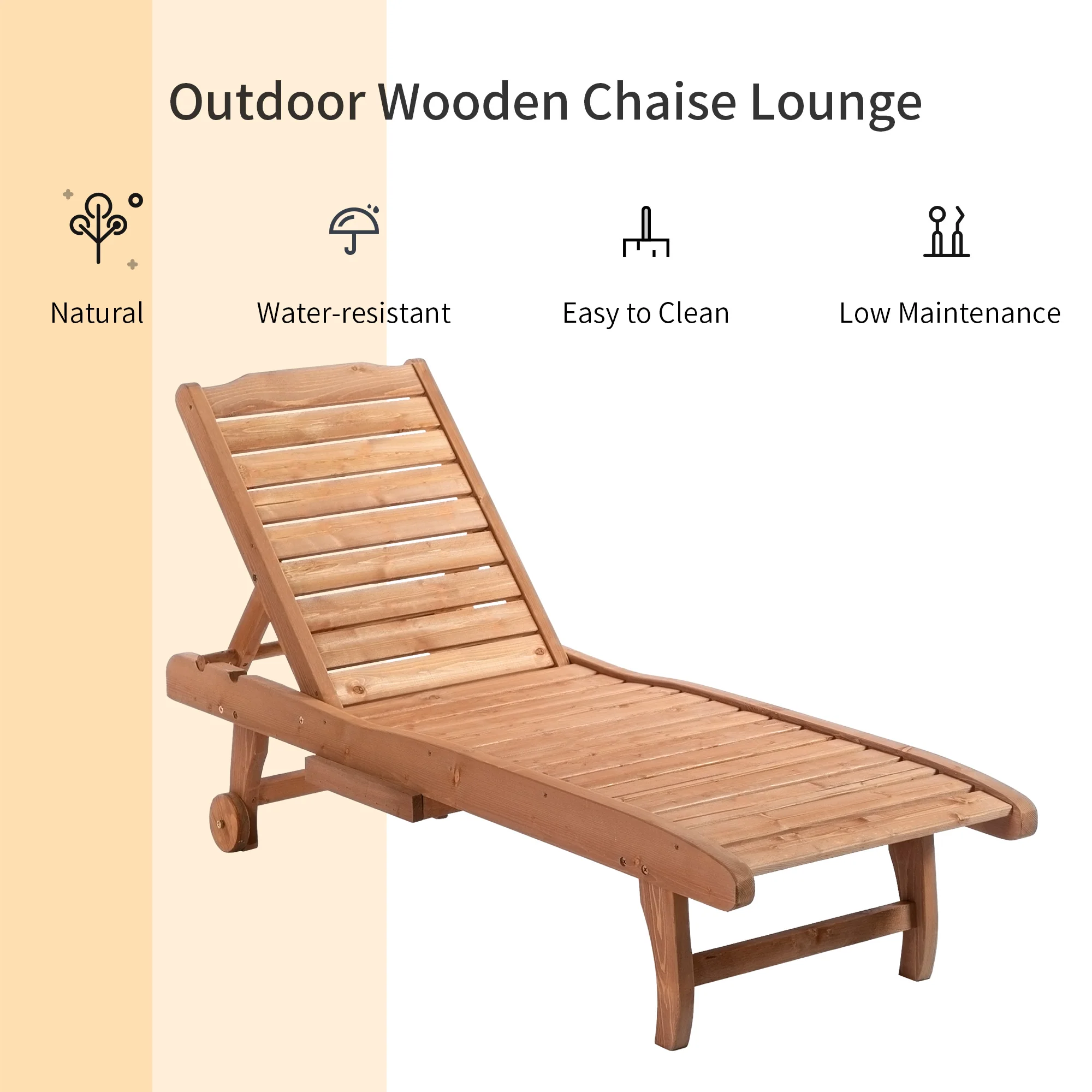 Outsunny Wooden Sun Lounger Outdoor Patio Sun Bed Adjustable w/ Pull-out Table - Image 5