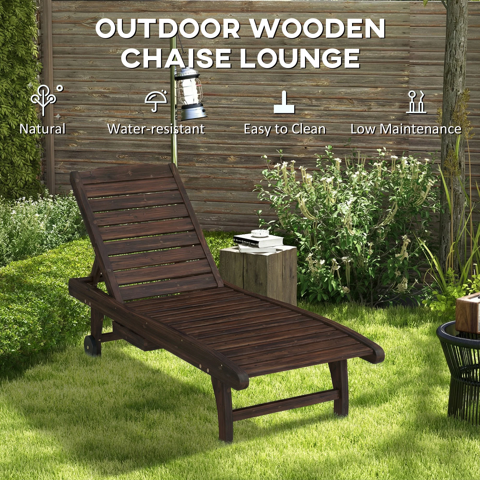 Outsunny Wooden Sun Lounger Outdoor Patio Sun Bed W/ Pull-out Table - Image 7