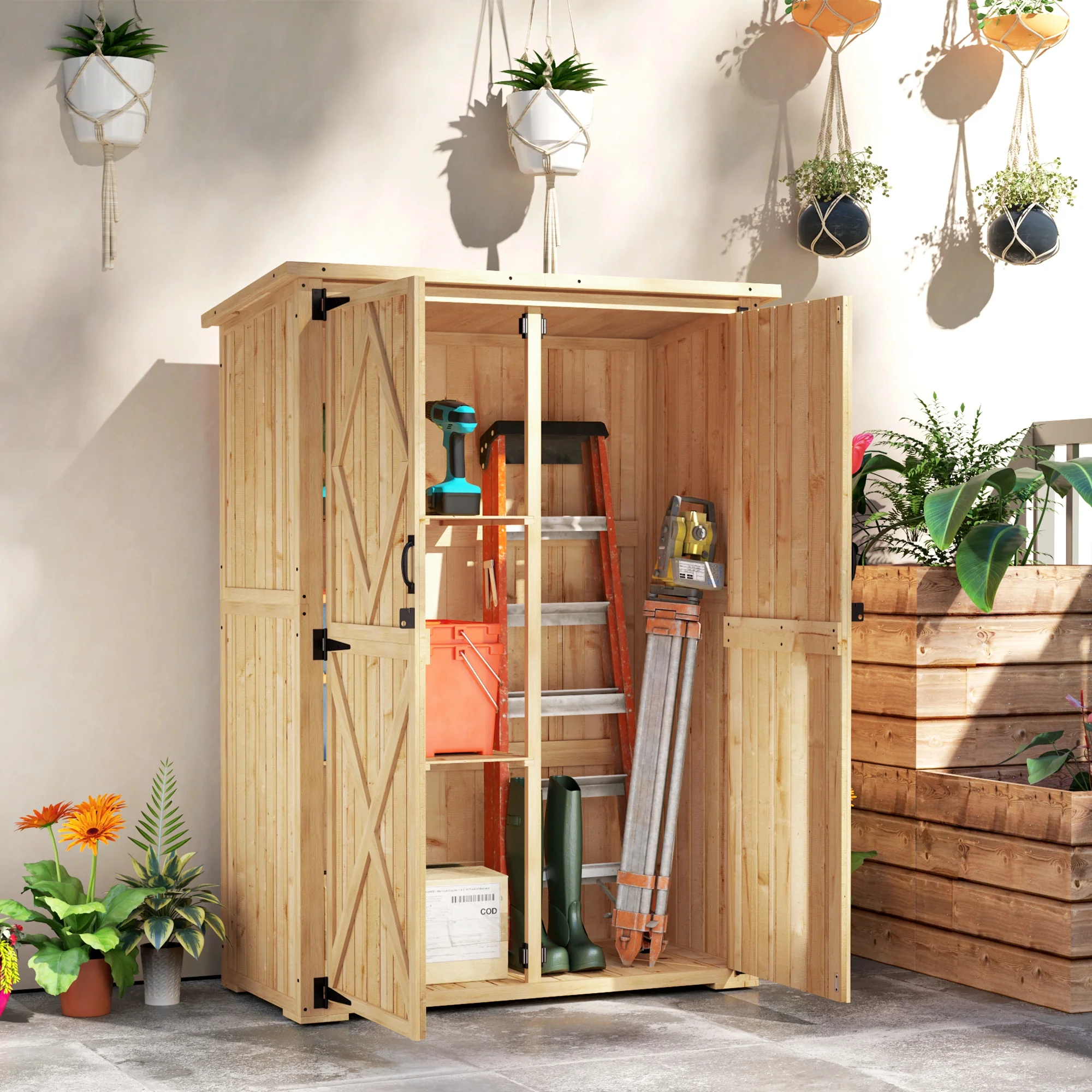 Outsunny Wooden Tool Storage Cabinet With Double Doors, Natural - Image 2