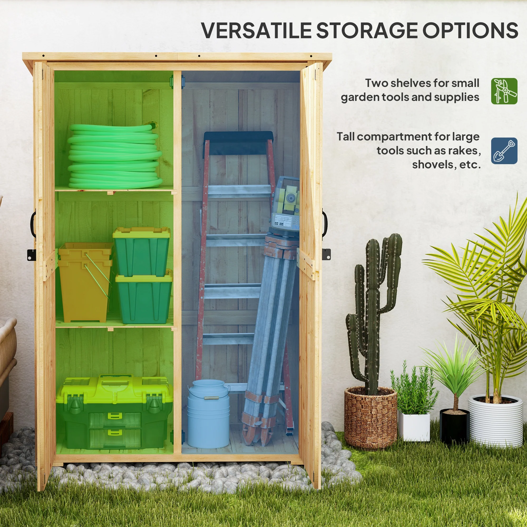 Outsunny Wooden Tool Storage Cabinet With Double Doors, Natural - Image 3