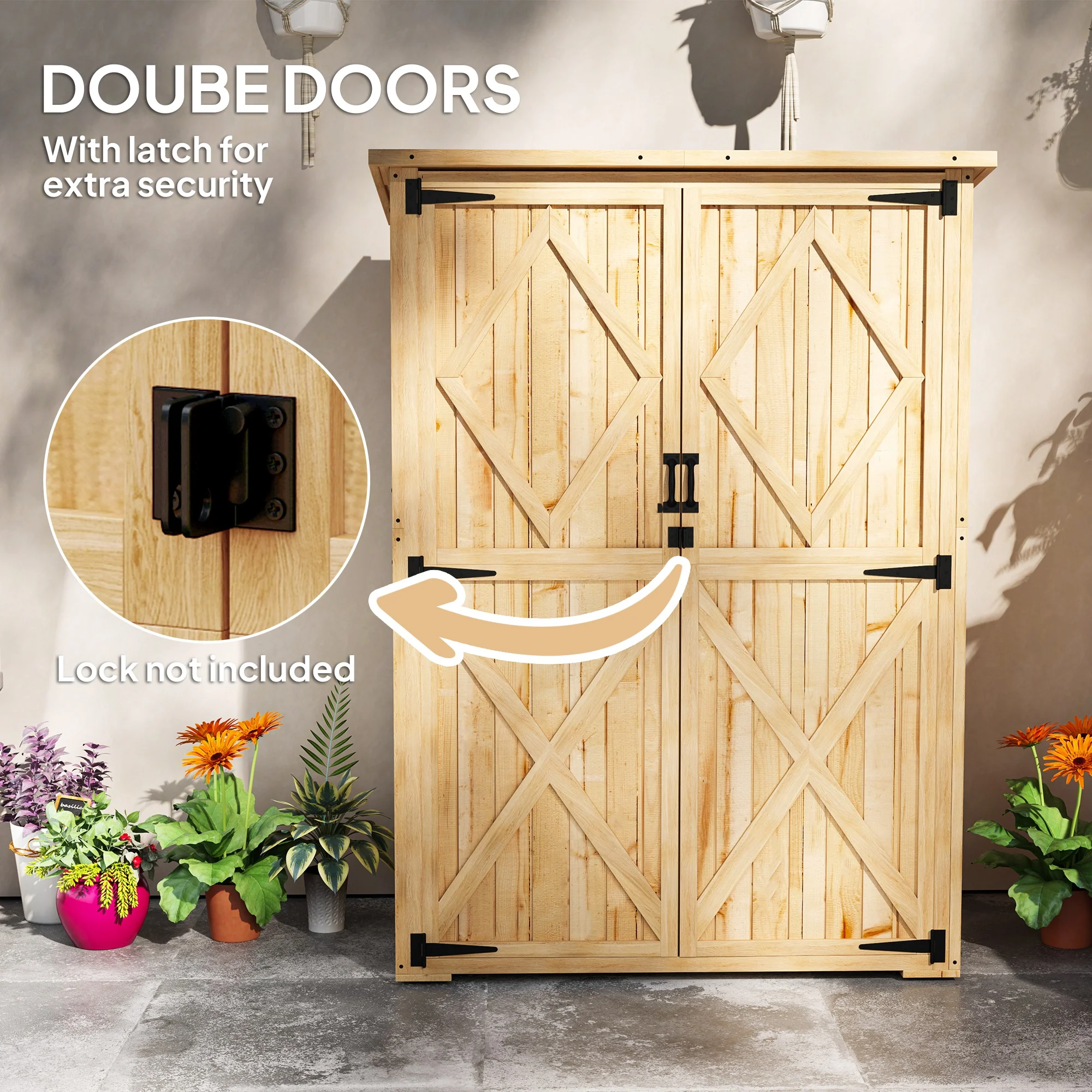 Outsunny Wooden Tool Storage Cabinet With Double Doors, Natural - Image 6
