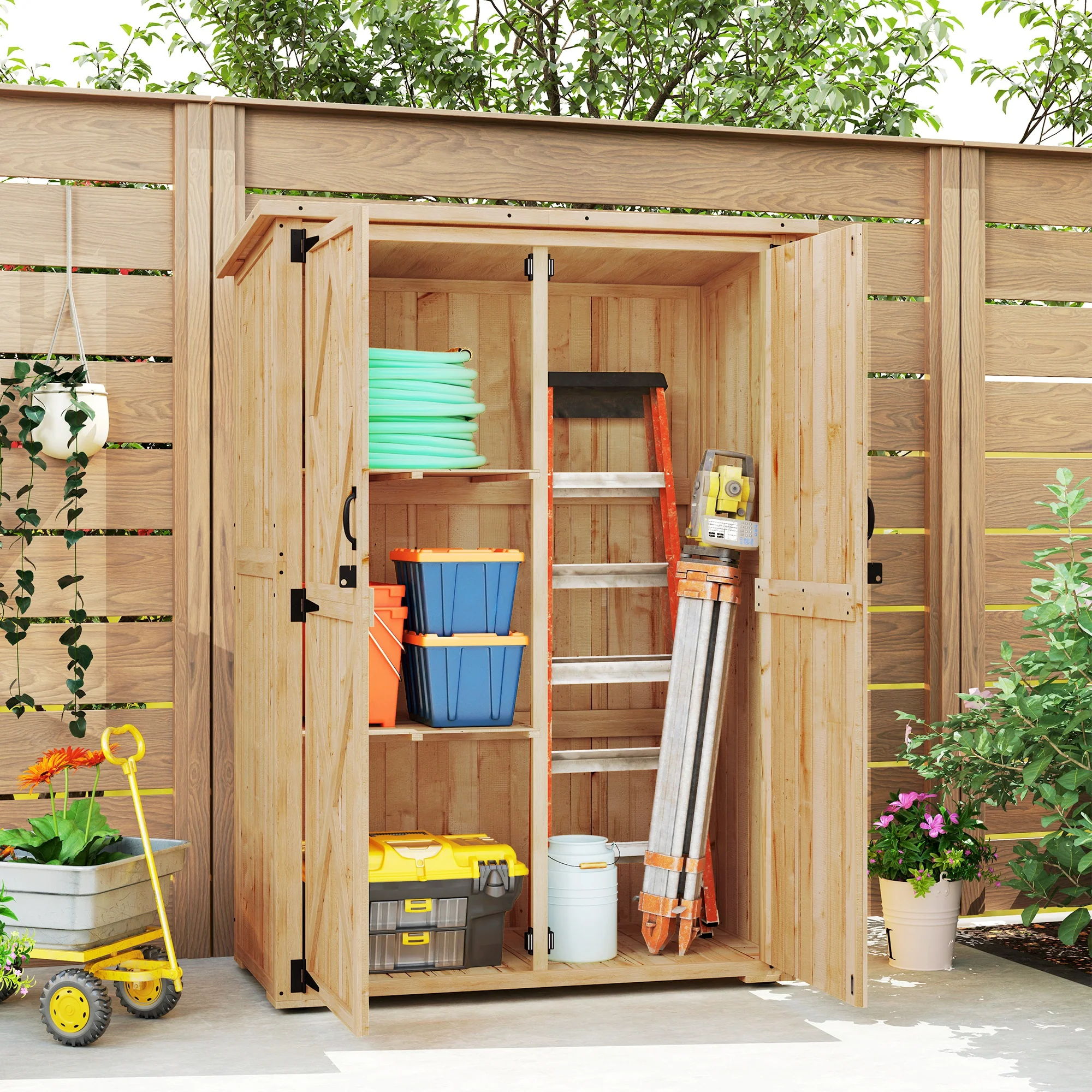 Outsunny Wooden Tool Storage Cabinet With Double Doors, Natural - Image 8