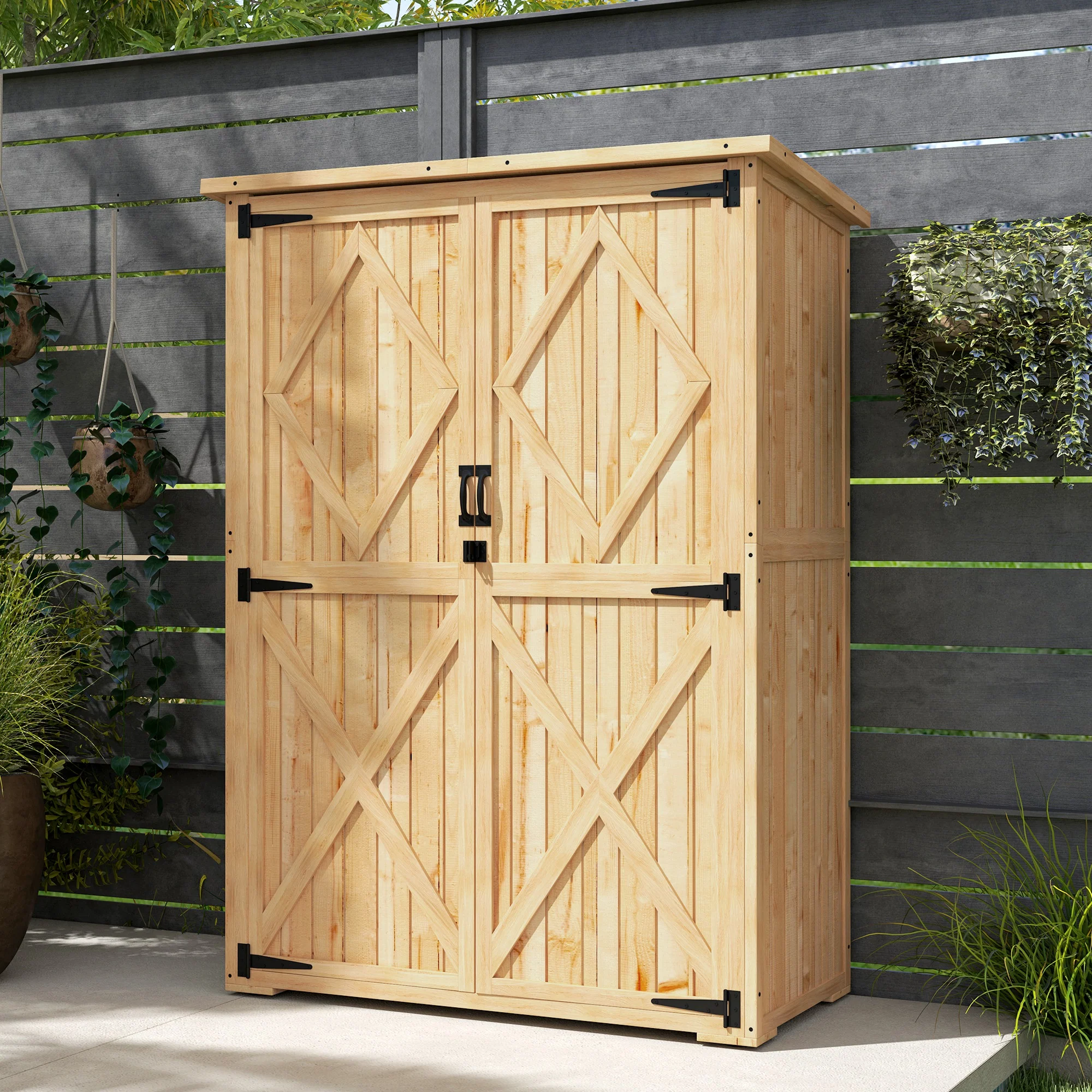 Outsunny Wooden Tool Storage Cabinet With Double Doors, Natural - Image 9