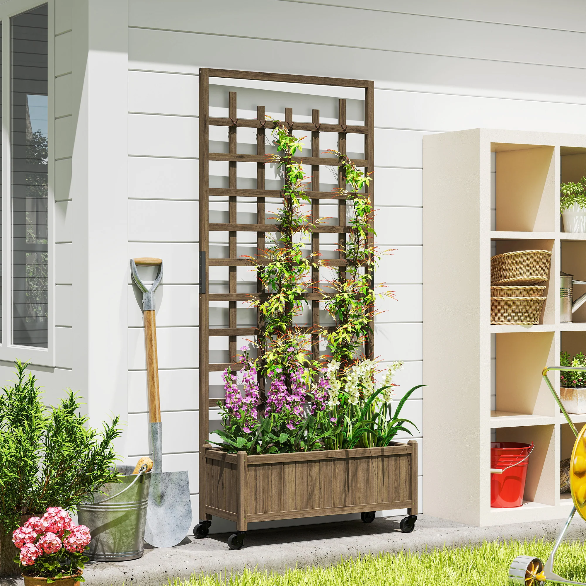 Outsunny Wooden Trellis Planter, Raised Garden Bed with Wheels and Bed Liner - Image 2