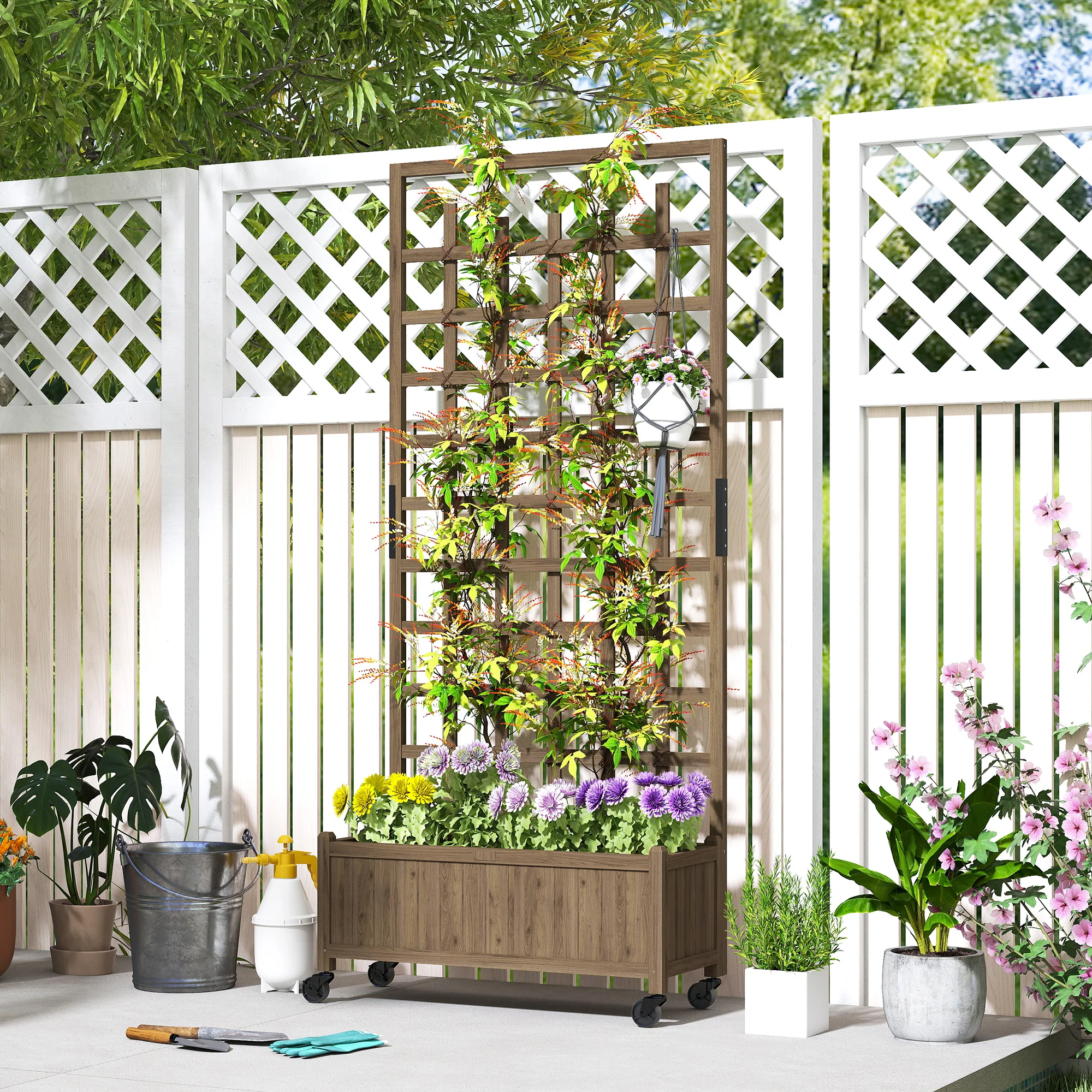 Outsunny Wooden Trellis Planter, Raised Garden Bed with Wheels and Bed Liner - Image 7