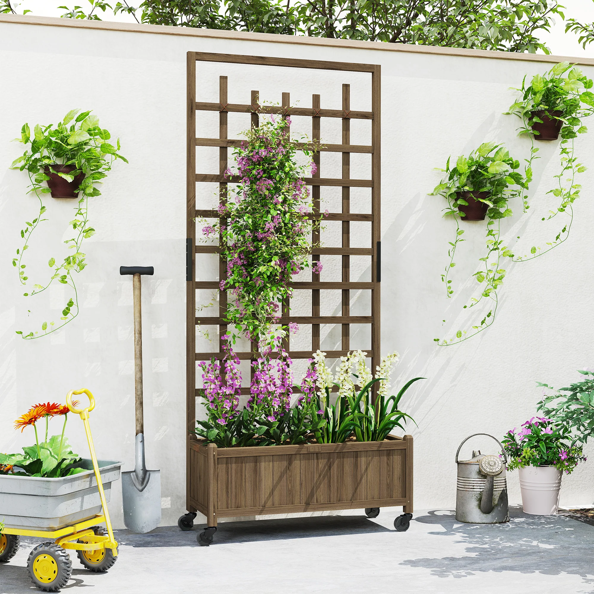 Outsunny Wooden Trellis Planter, Raised Garden Bed with Wheels and Bed Liner - Image 8