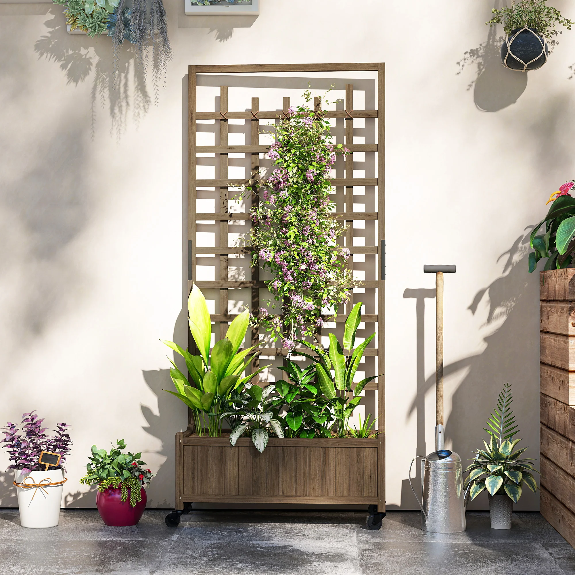Outsunny Wooden Trellis Planter, Raised Garden Bed with Wheels and Bed Liner - Image 9