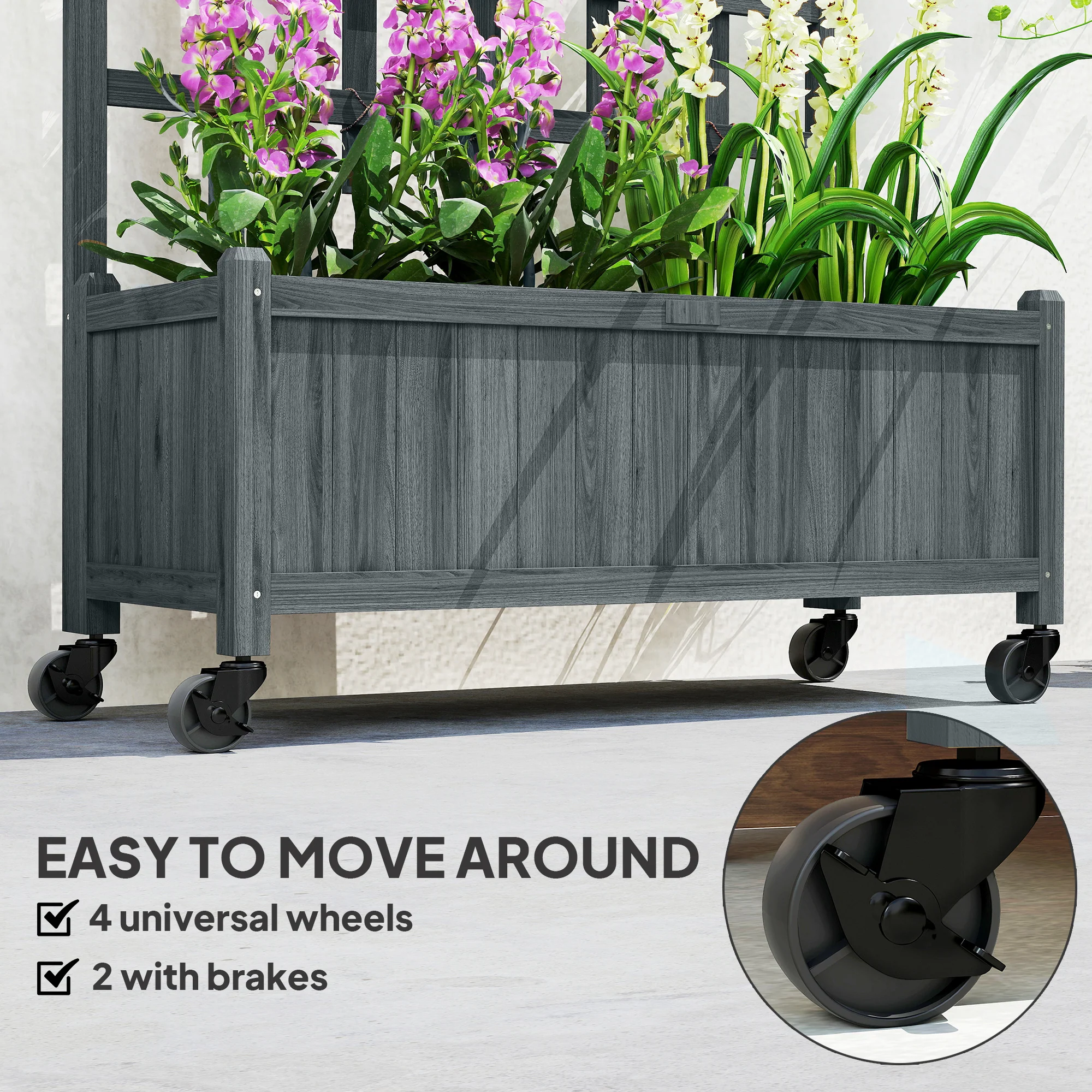 Outsunny Wooden Trellis Planter, Raised Garden Bed with Wheels, Grey - Image 6