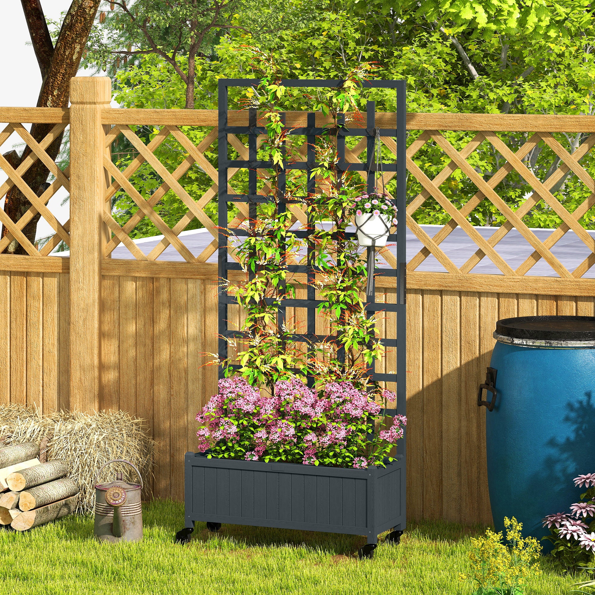 Outsunny Wooden Trellis Planter, Raised Garden Bed with Wheels, Grey - Image 7
