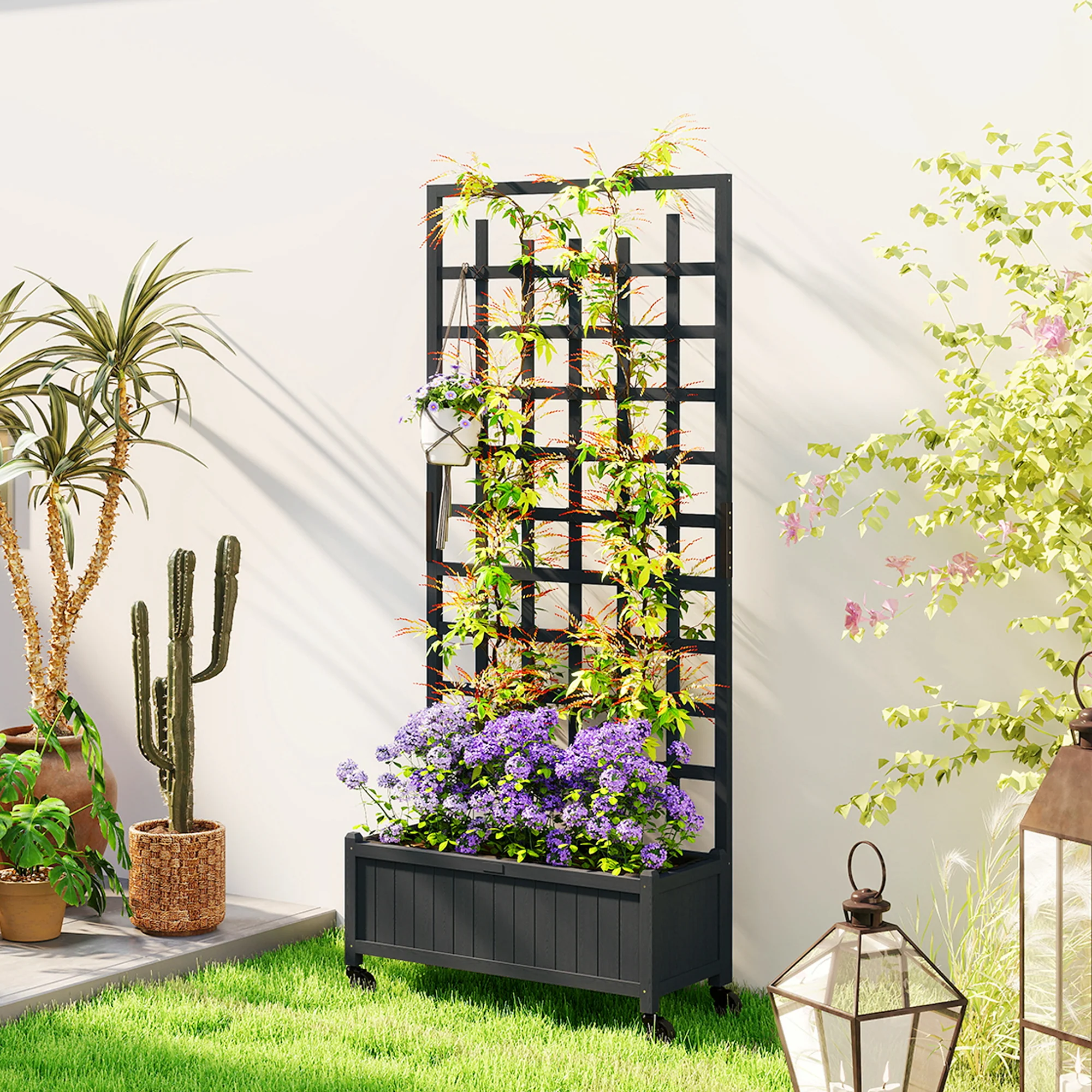 Outsunny Wooden Trellis Planter, Raised Garden Bed with Wheels, Grey - Image 8