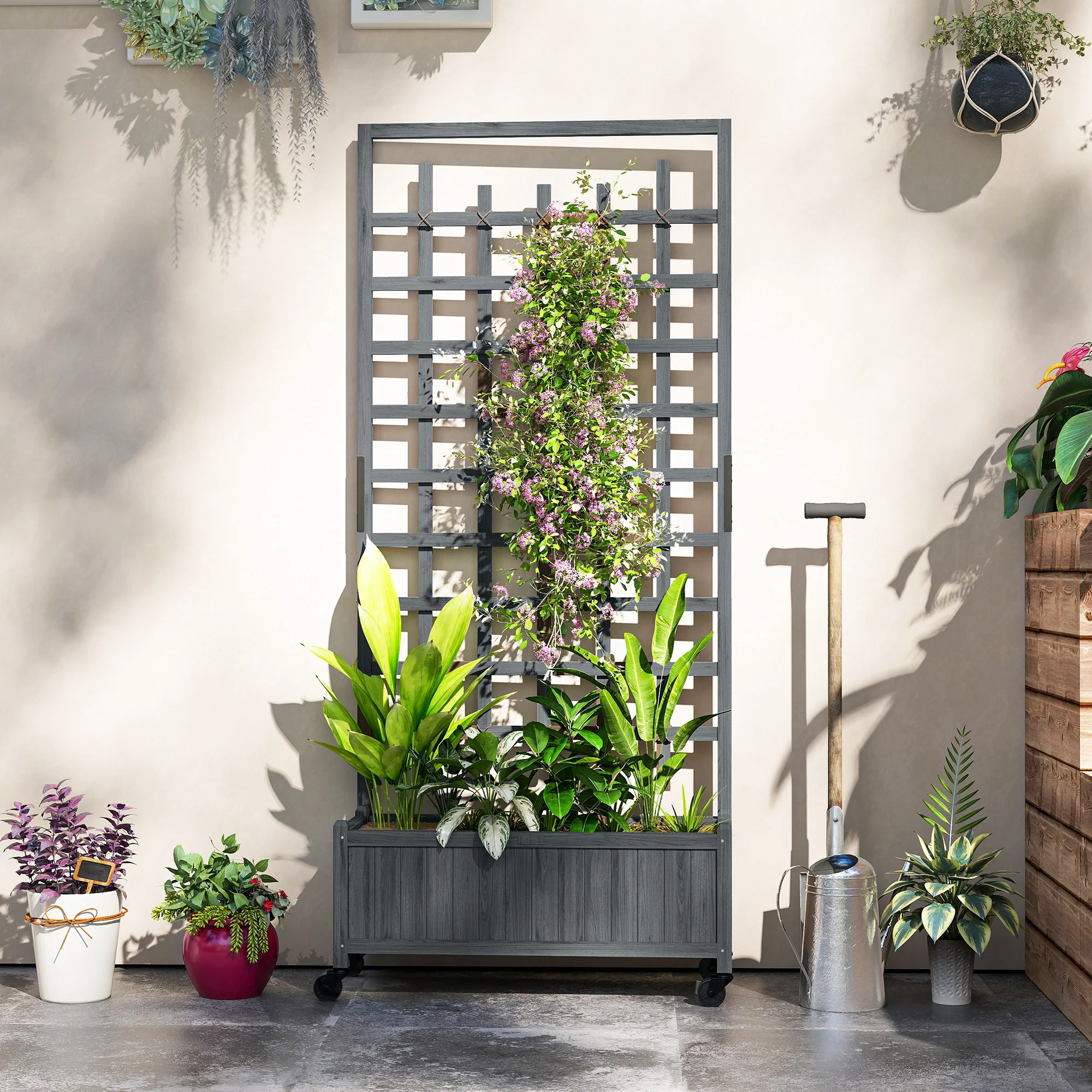 Outsunny Wooden Trellis Planter, Raised Garden Bed with Wheels, Grey - Image 9