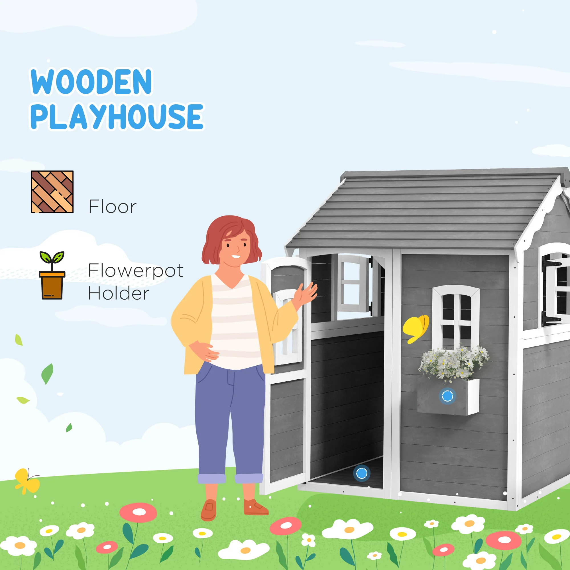 Outsunny Wooden Wendy House for Kids with Floor, for Gardens, Patios - Grey - Image 3