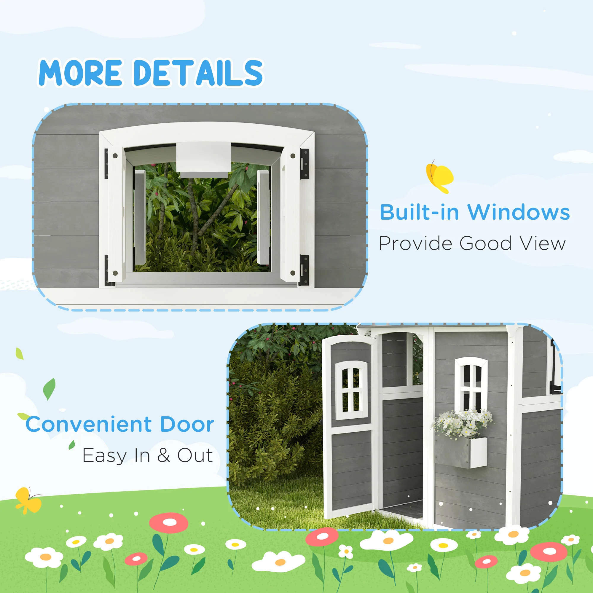 Outsunny Wooden Wendy House for Kids with Floor, for Gardens, Patios - Grey - Image 7