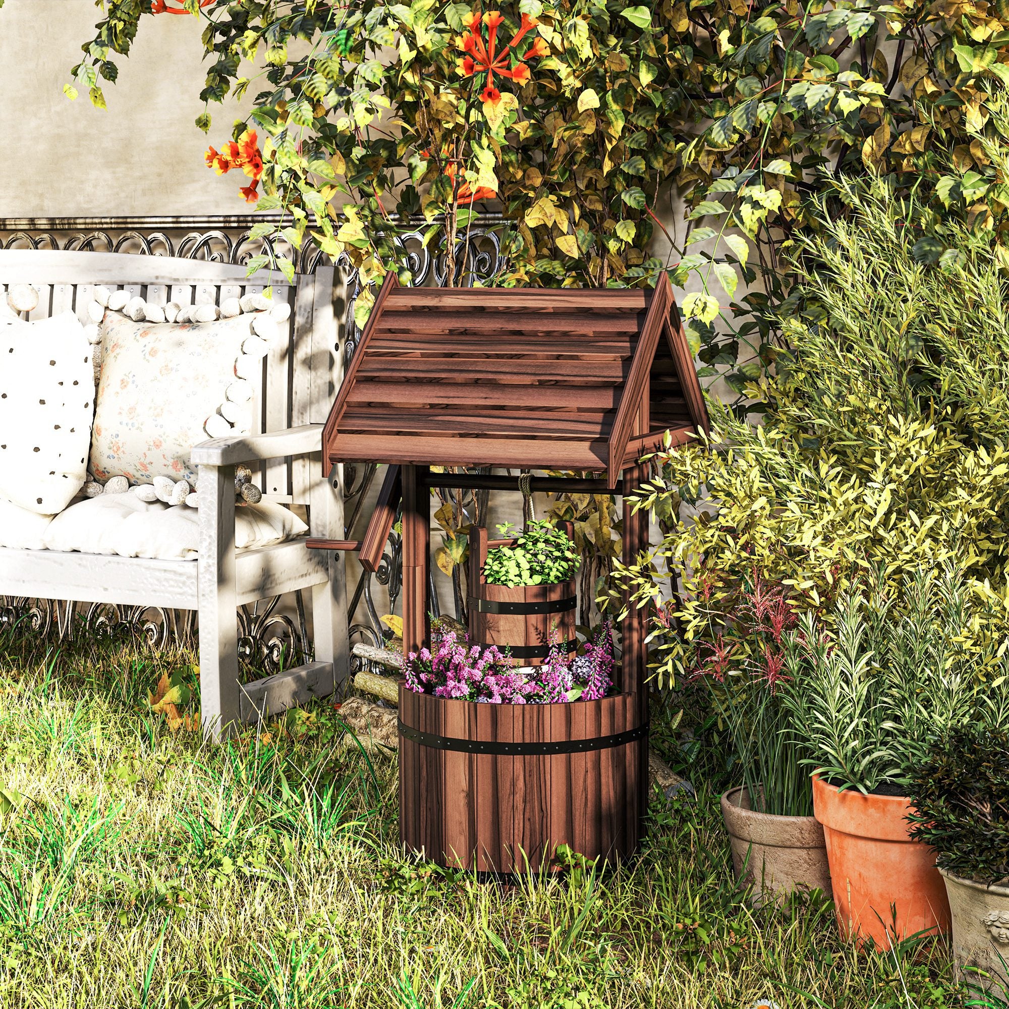 Outsunny Wooden Wishing Well Planter, Flower Planter with Drainage Hole - Image 2